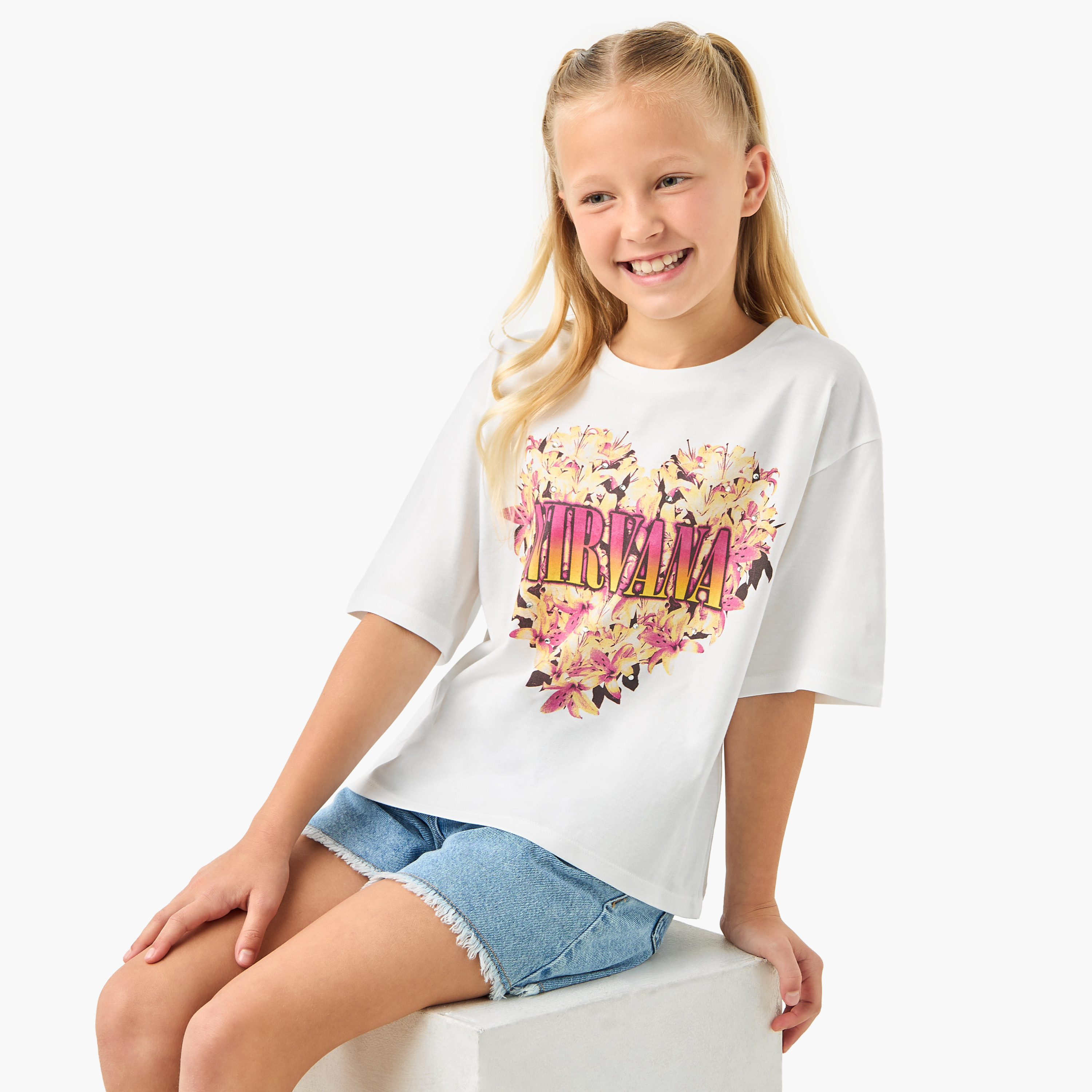 Nirvana Graphic Print Crew Neck T-shirt with Short Sleeves-girls-clothing-tshirts-image-1