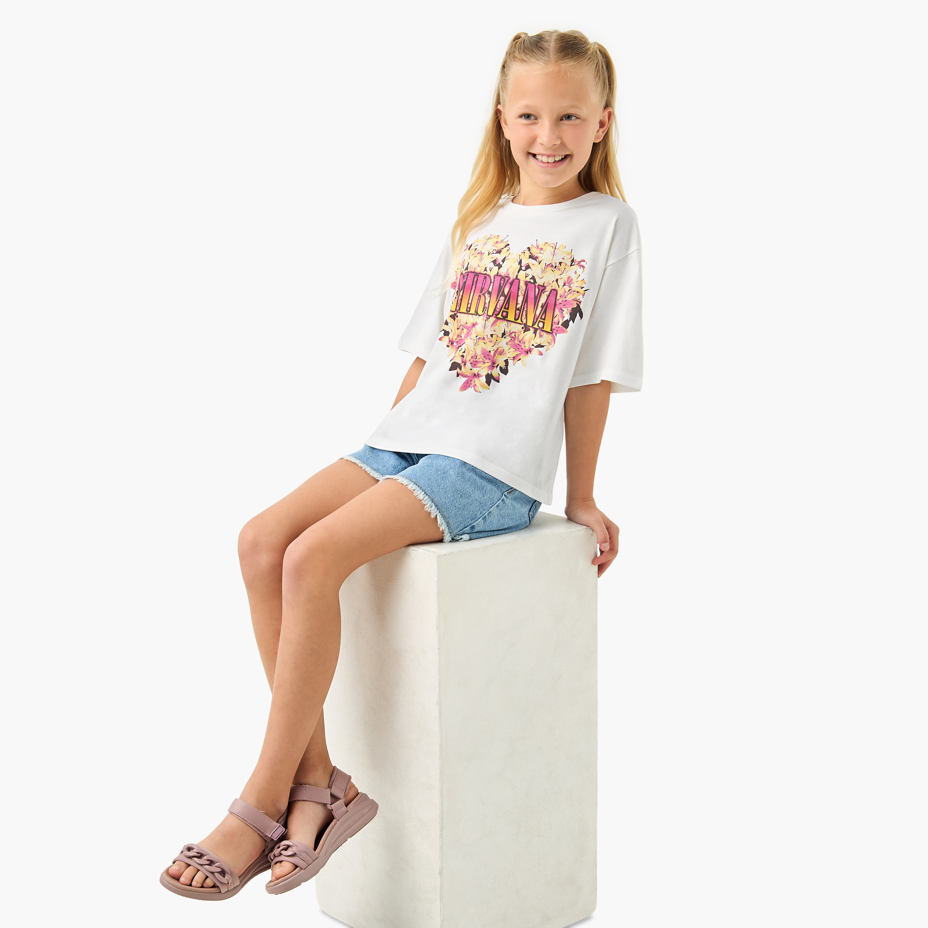 Nirvana Graphic Print Crew Neck T-shirt with Short Sleeves-girls-clothing-tshirts-image-2