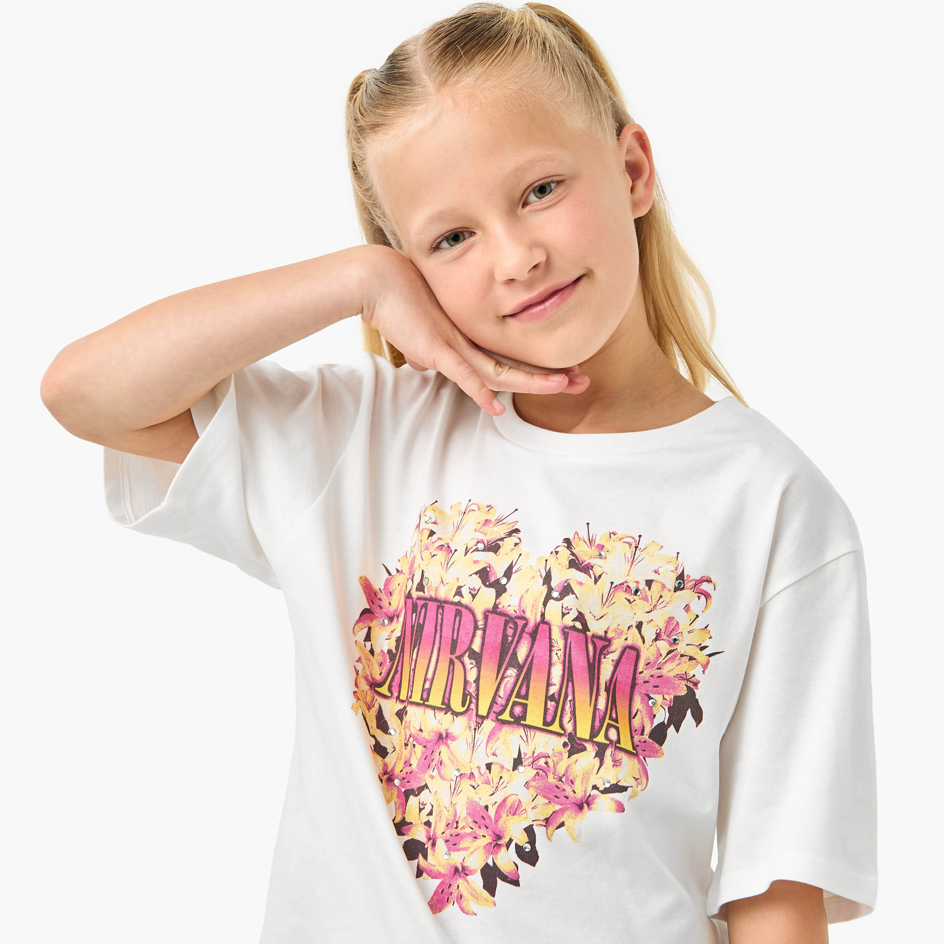 Nirvana Graphic Print Crew Neck T-shirt with Short Sleeves-girls-clothing-tshirts-image-4