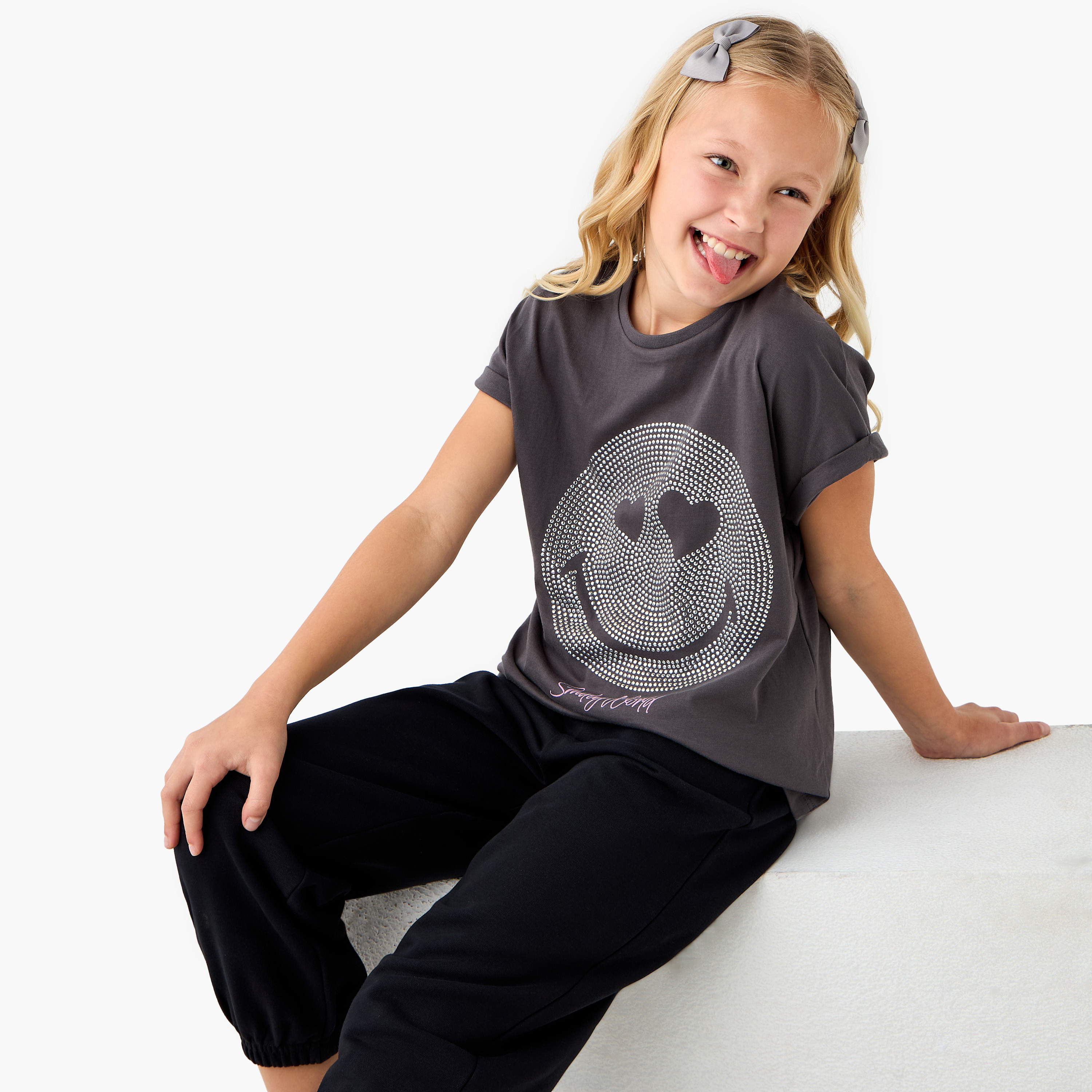 Smiley World Embellished T-shirt with Extended Sleeves-girls-clothing-tshirts-image-1