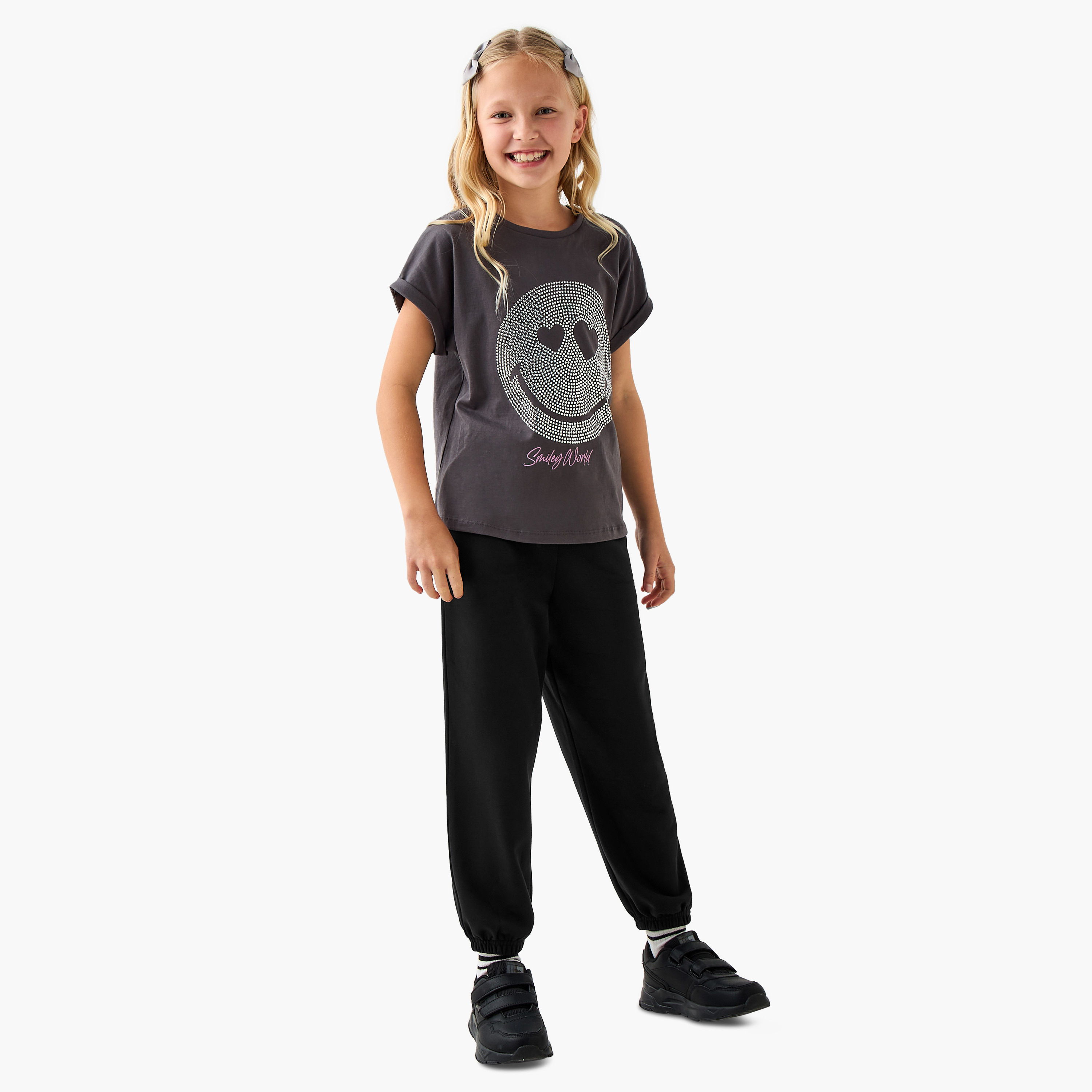 Smiley World Embellished T-shirt with Extended Sleeves-girls-clothing-tshirts-image-2