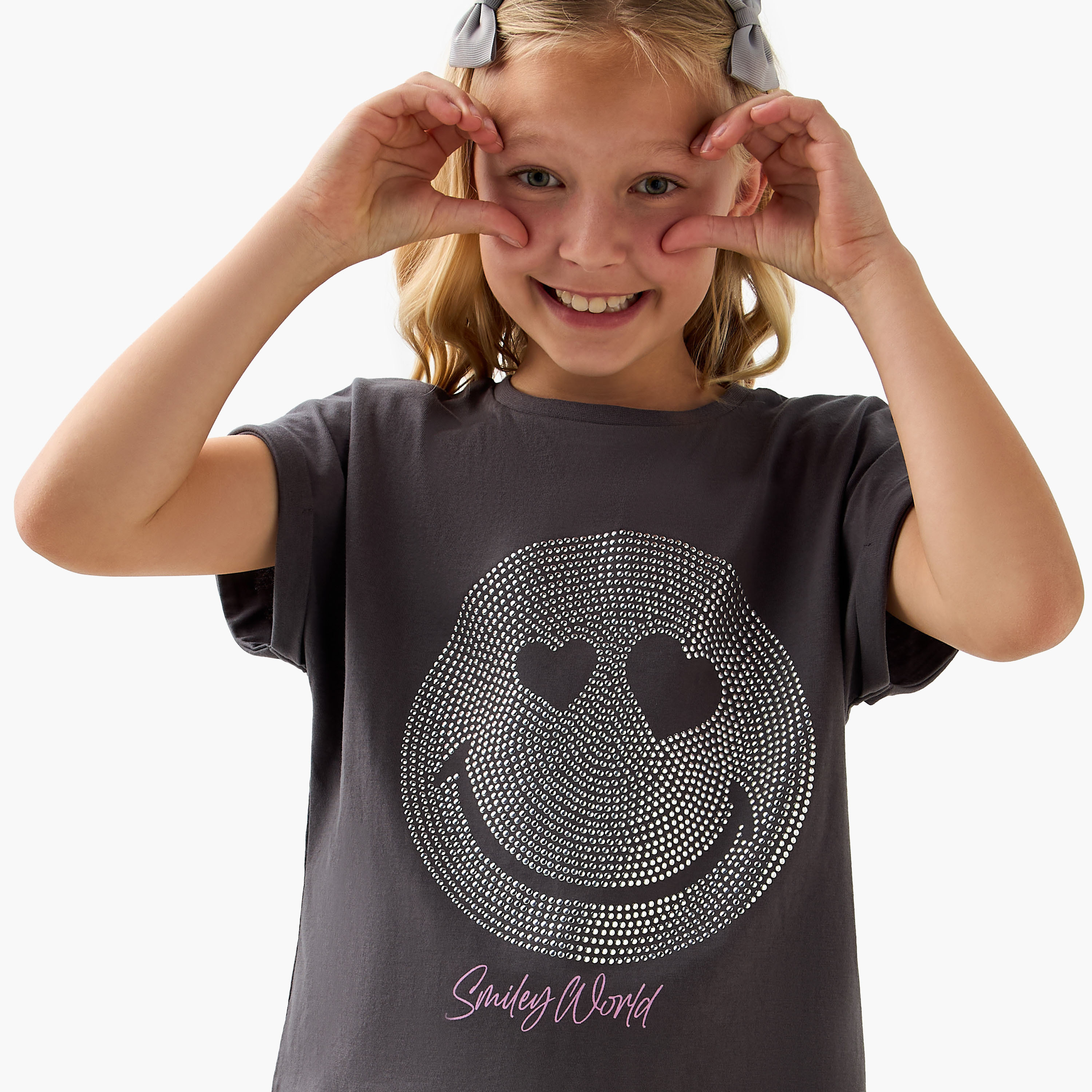 Smiley World Embellished T-shirt with Extended Sleeves-girls-clothing-tshirts-image-4