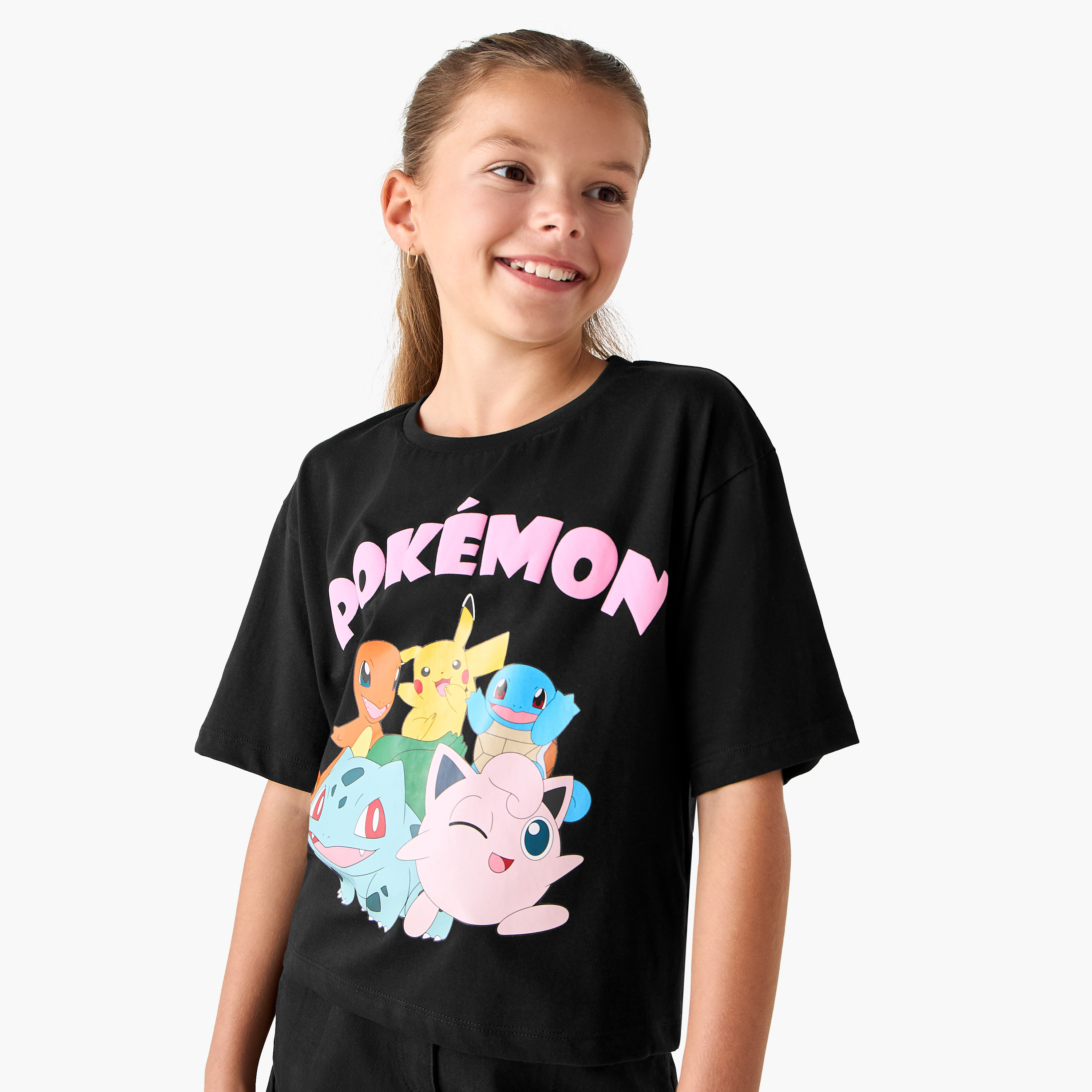 Pokemon Print Crew Neck T-shirt with Short Sleeves-girls-clothing-tshirts-image-1
