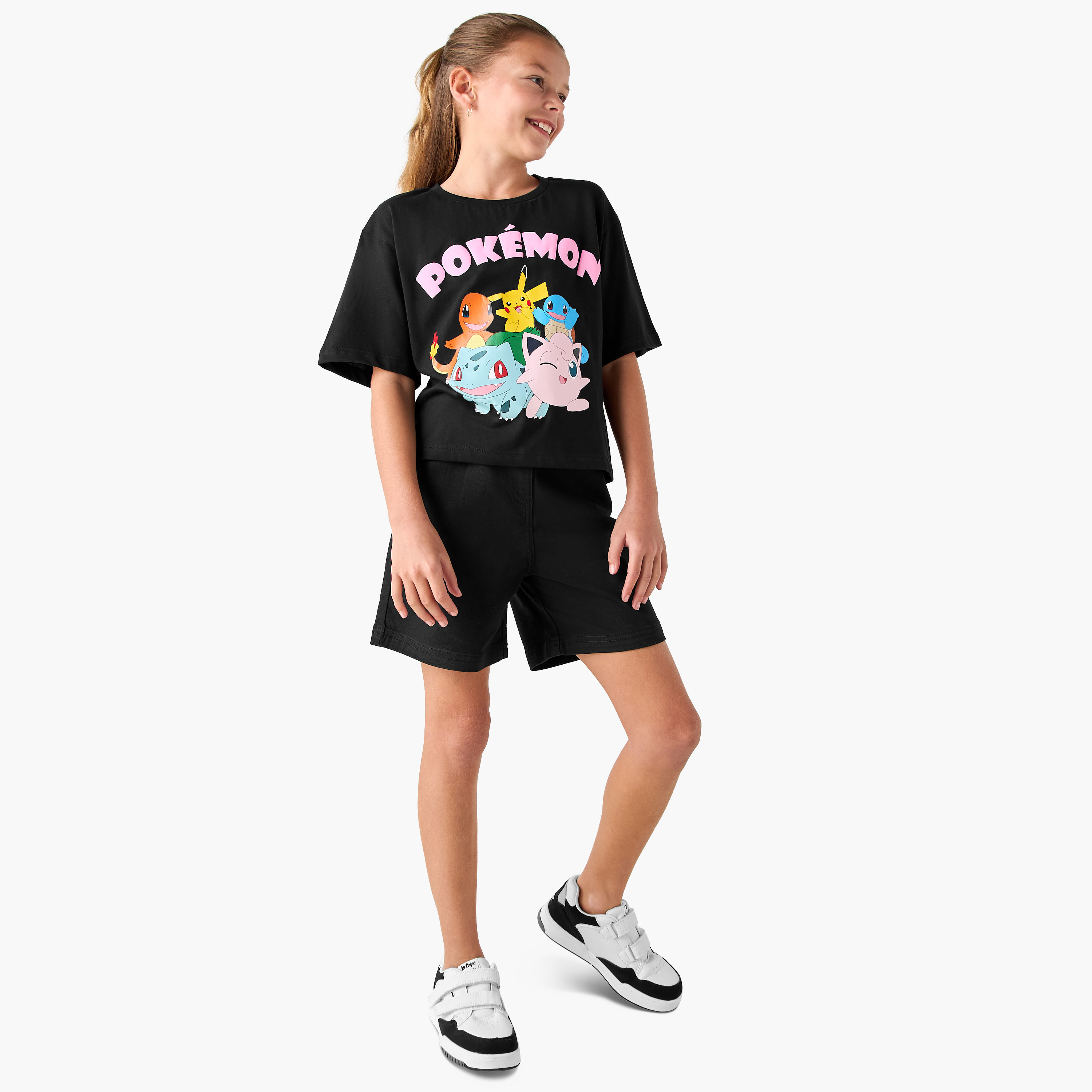 Pokemon Print Crew Neck T-shirt with Short Sleeves-girls-clothing-tshirts-image-2