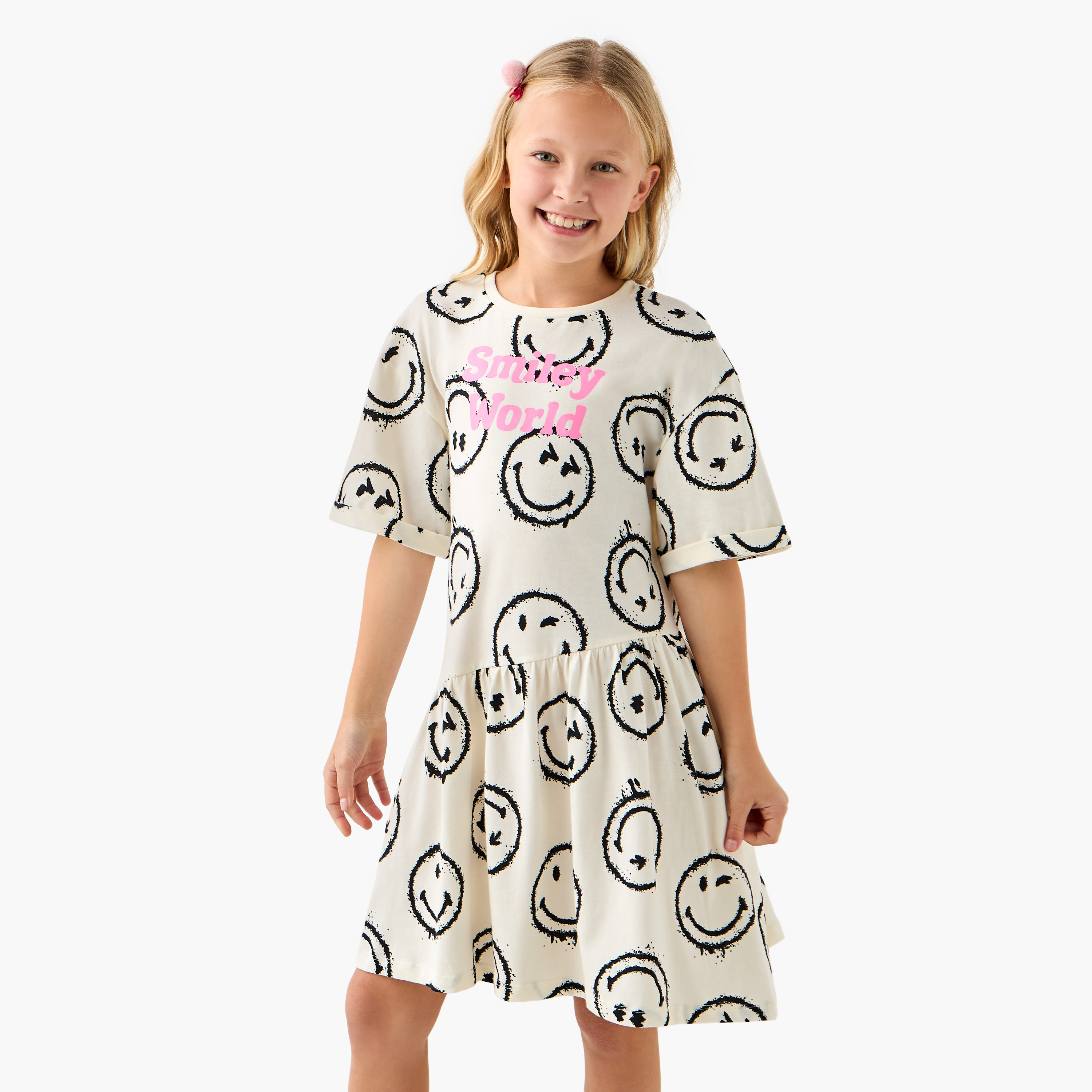 فستان تيشيرت بأكمام قصيرة وطبعات من سمايلي وورلد-girls-clothing-dressesandjumpsuits-image-1
