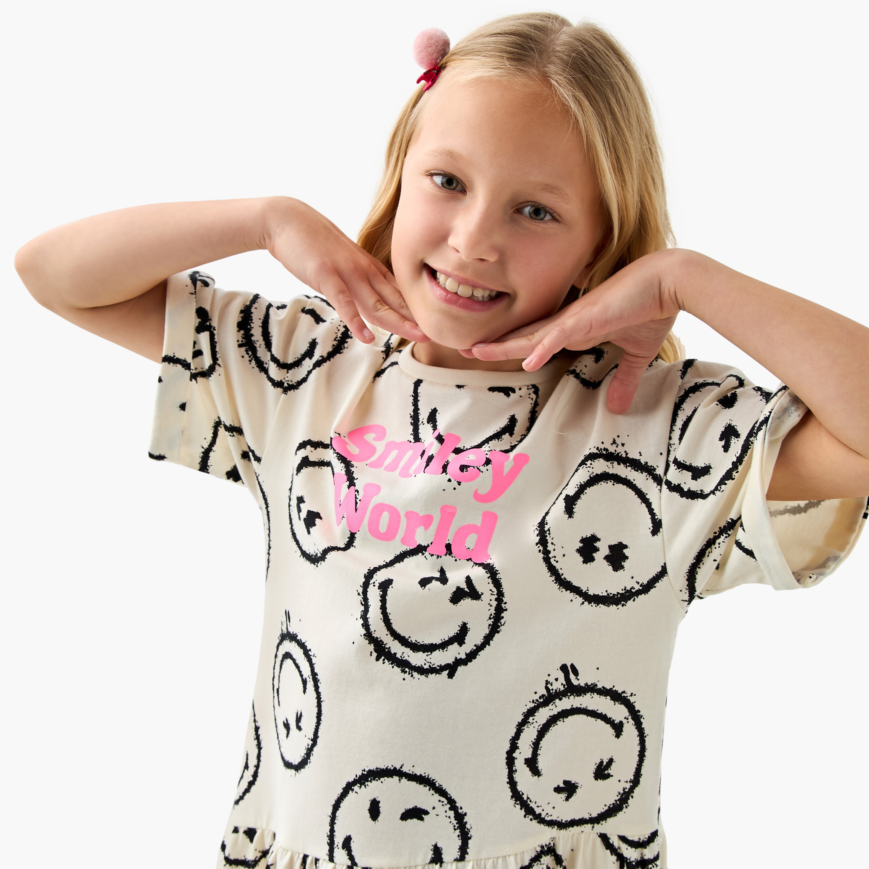 فستان تيشيرت بأكمام قصيرة وطبعات من سمايلي وورلد-girls-clothing-dressesandjumpsuits-image-4