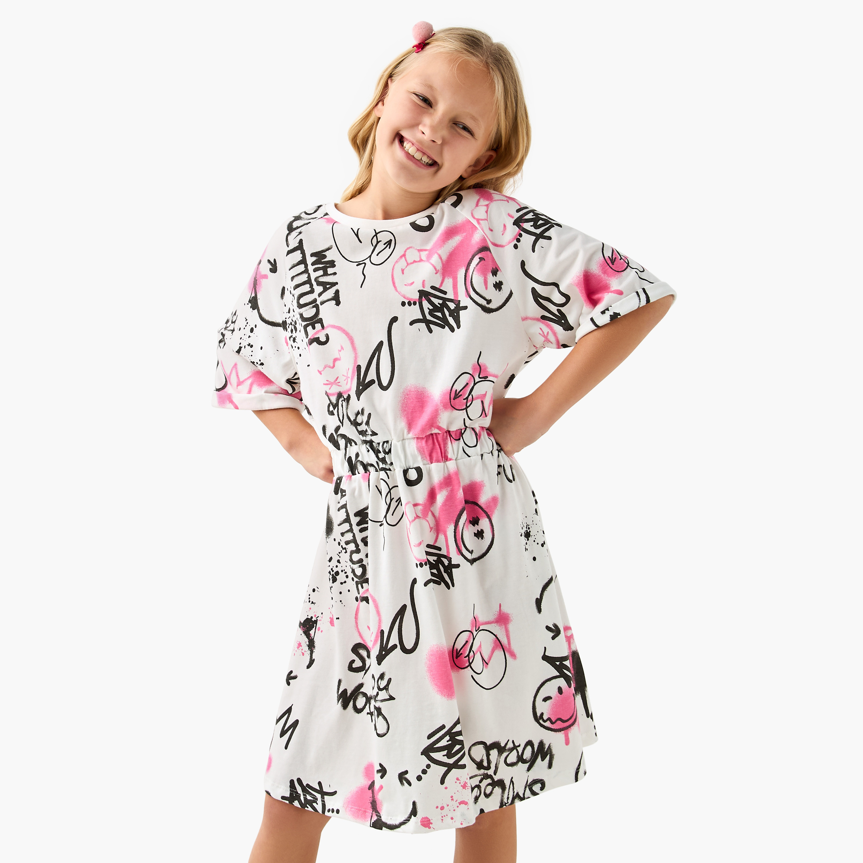 Smiley World Print T-shirt Dress with Short Sleeves-girls-clothing-dressesandjumpsuits-image-1