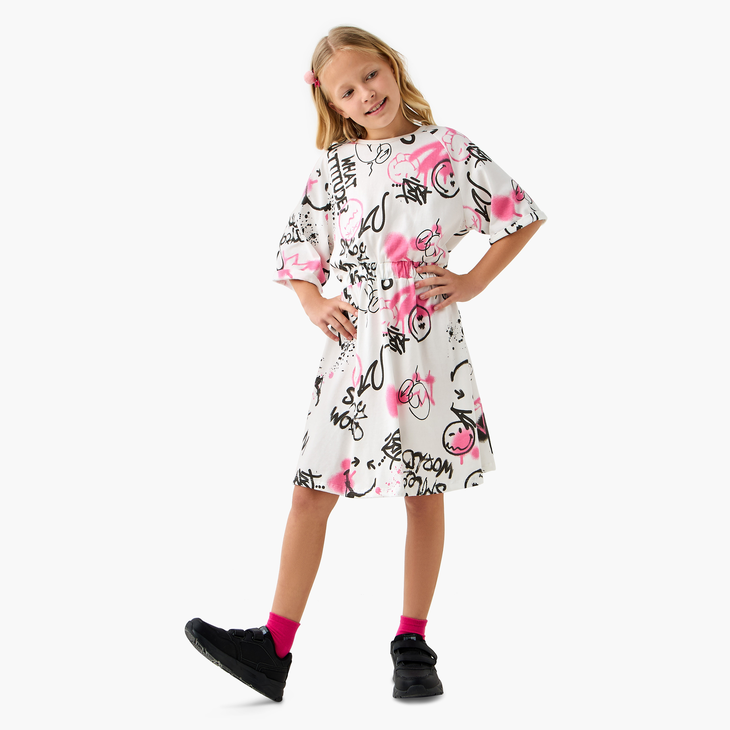 Smiley World Print T-shirt Dress with Short Sleeves-girls-clothing-dressesandjumpsuits-image-2