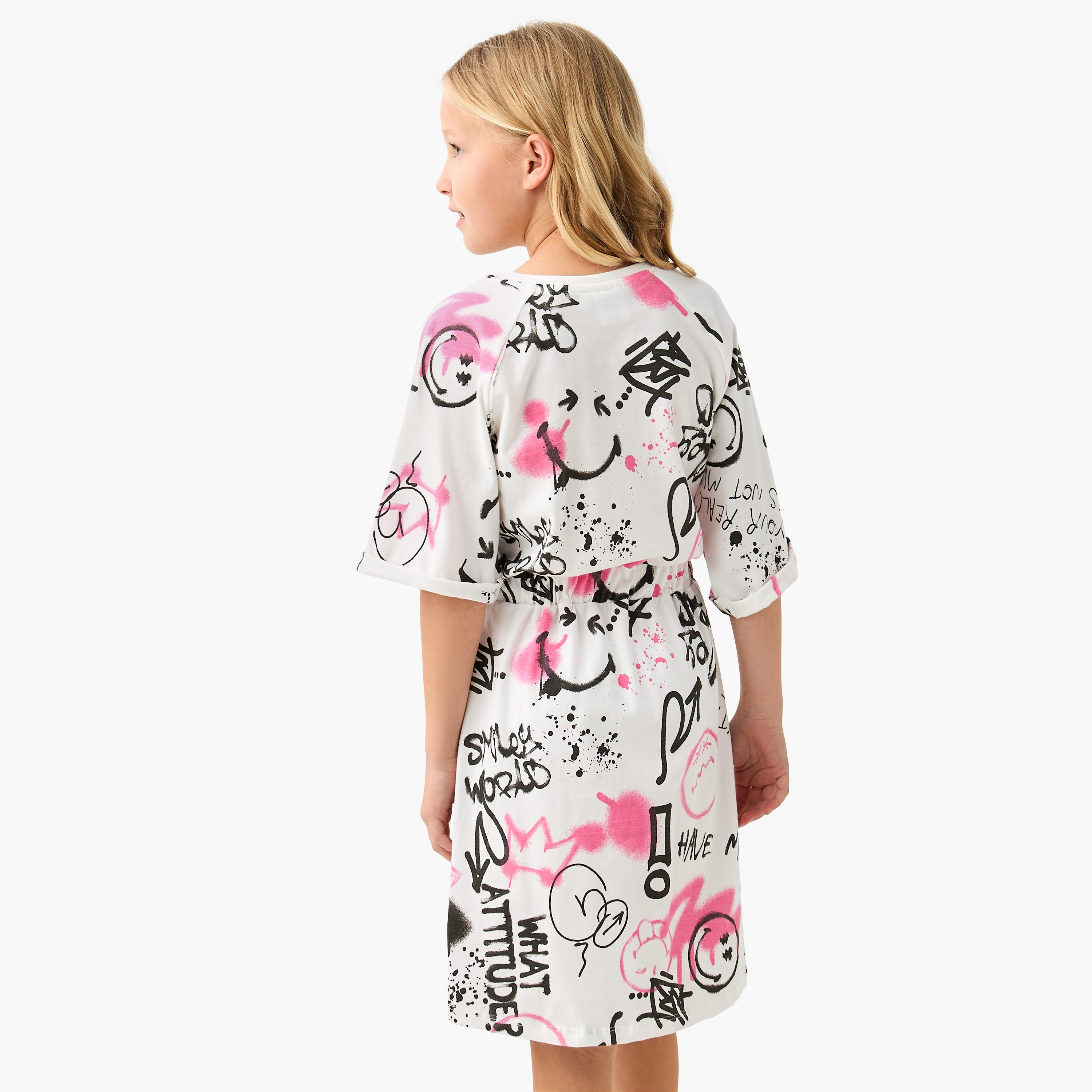 Smiley World Print T-shirt Dress with Short Sleeves-girls-clothing-dressesandjumpsuits-image-3