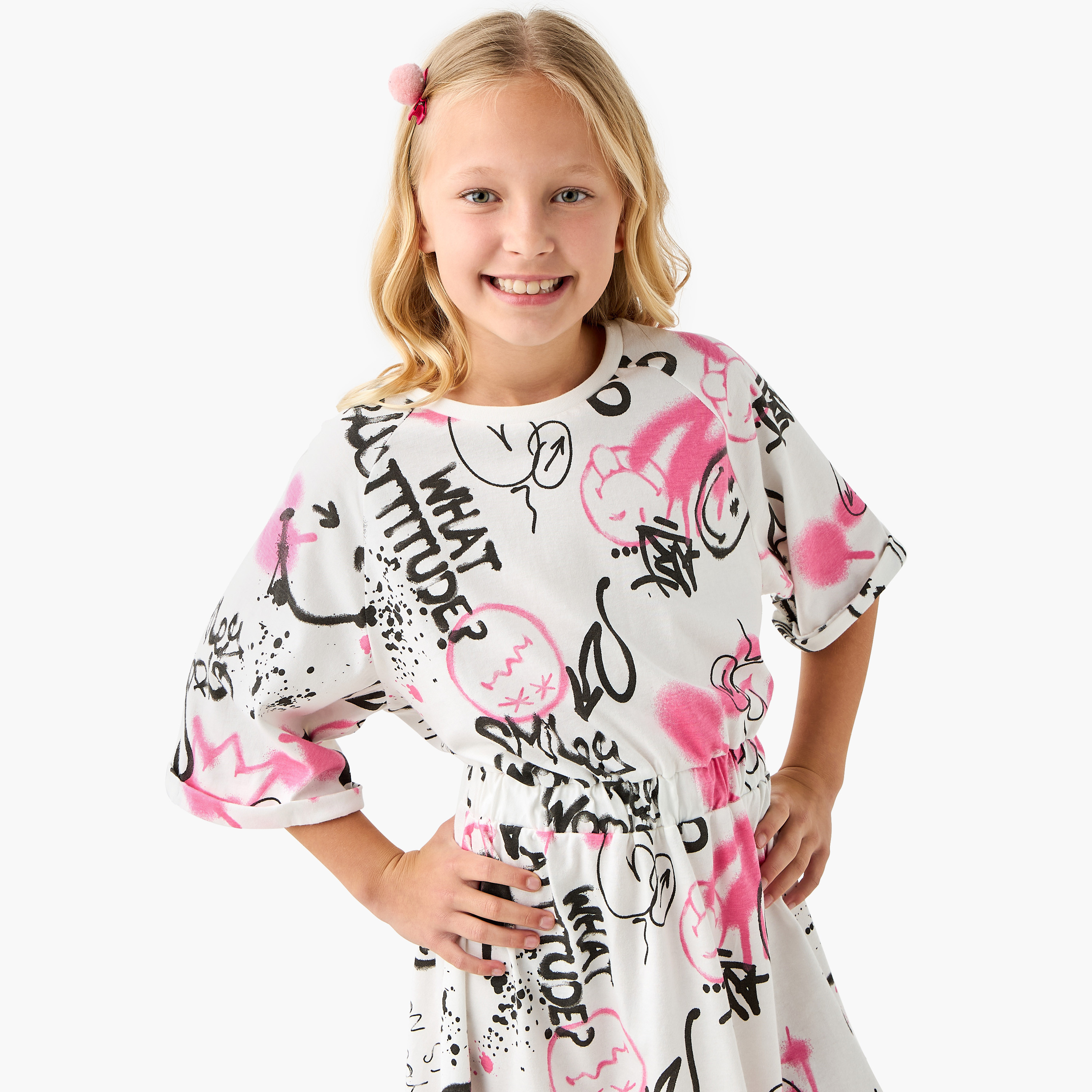 Smiley World Print T-shirt Dress with Short Sleeves-girls-clothing-dressesandjumpsuits-image-4