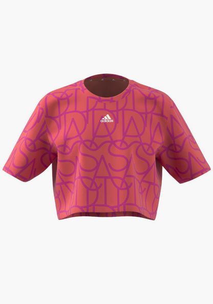 adidas All-Over Logo Print Cropped T-shirt with Round Neck and Short Sleeves-Tops-image-0