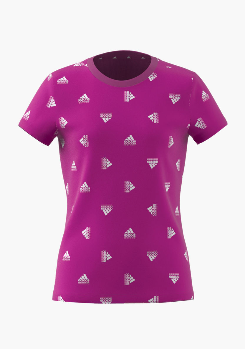 adidas All-Over Logo Print Round Neck T-shirt with Short Sleeves-T Shirts-image-0