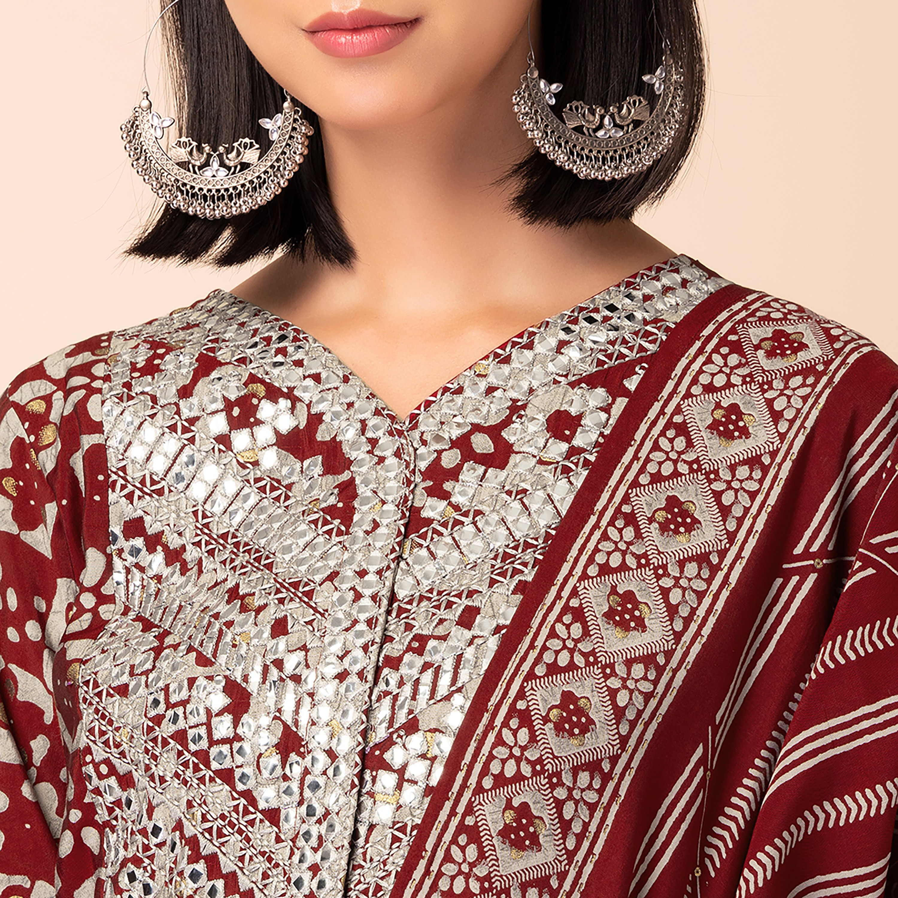 طقم كورتا مع بالازو ودوباتا من 3 قطع موسلين ذو مطبوع من إنديا برقبة مستديرة مطبوعة-women-clothing-ethnicwear-salwarsuits-image-3