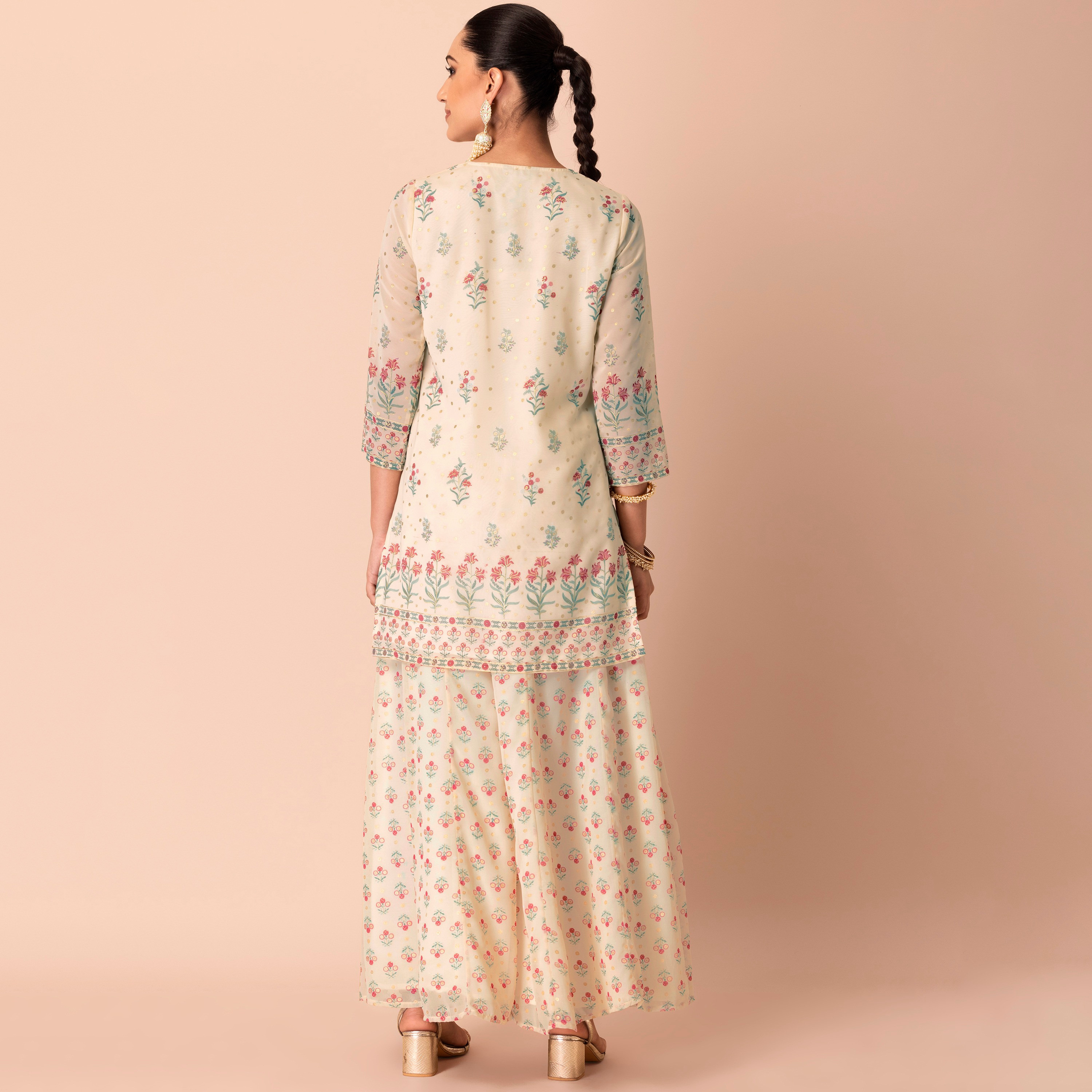 طقم كورتا مع بالازو من قطعتين ذو جورجيت مع مطبوع من إنديا فويل برقبة مستديرة مطبوعة-women-clothing-ethnicwear-salwarsuits-image-6