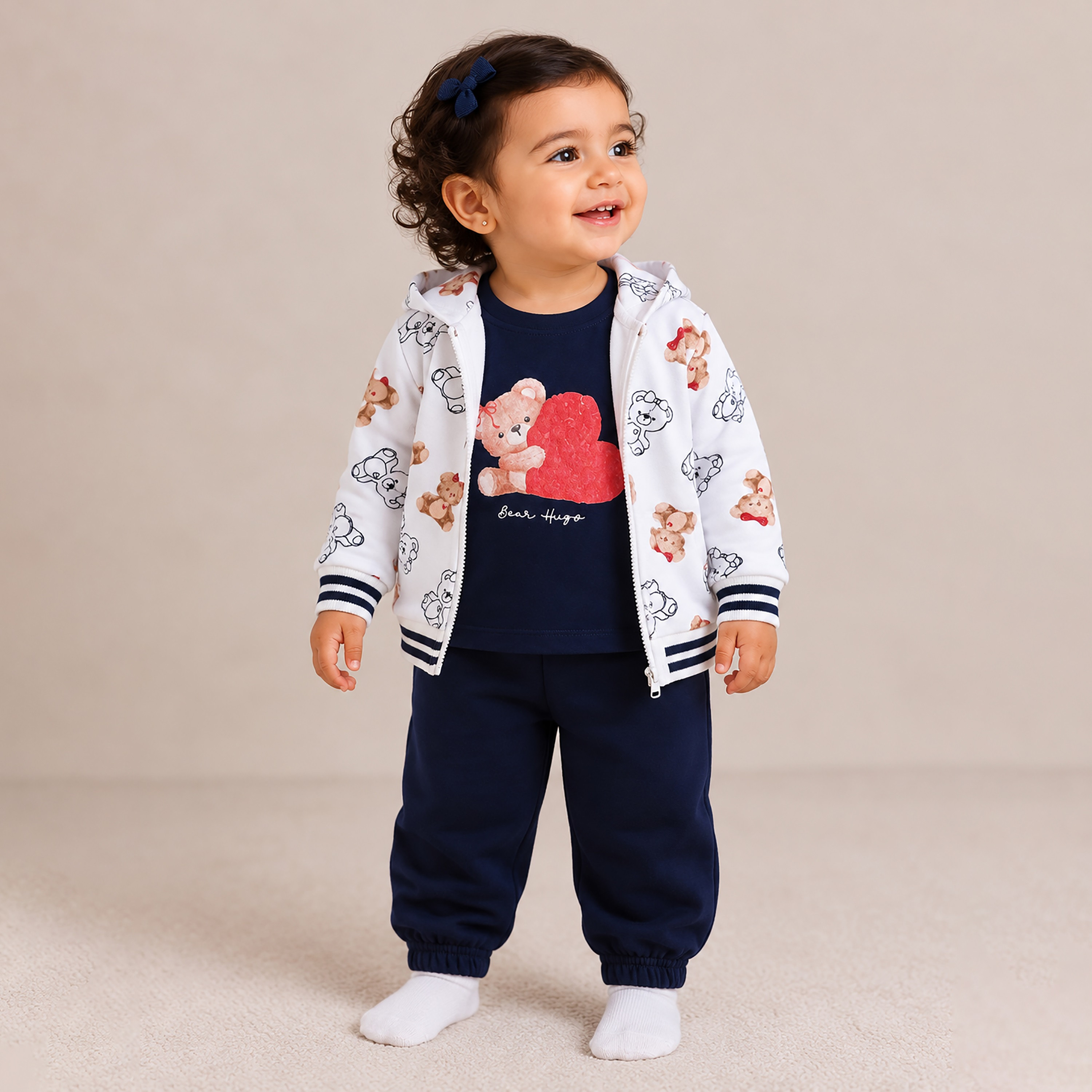 طقم 3 قطع هودي بسحاب مطبوع مع توب وبنطلون جوجر من فيكتور آند جين-baby-girls-clothing-setsandcoords-image-1