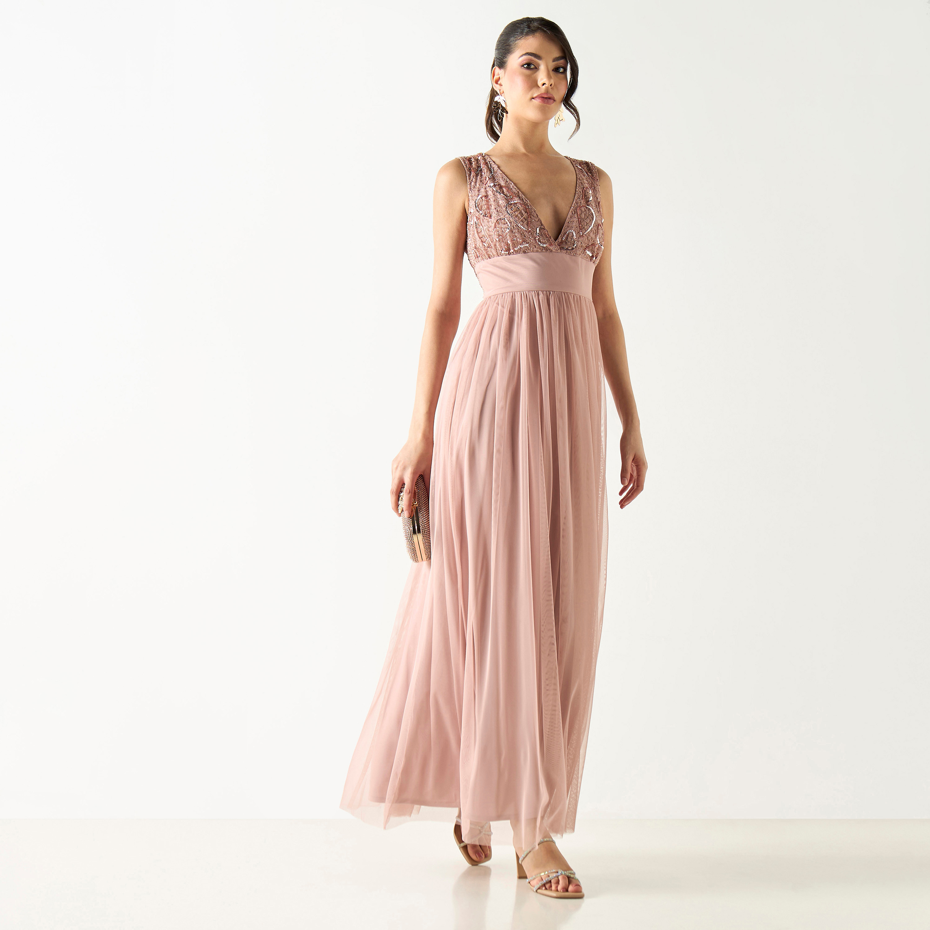Embellished Sleeveless V-neck Maxi Dress with Zip Closure-women-clothing-dresses-image-1