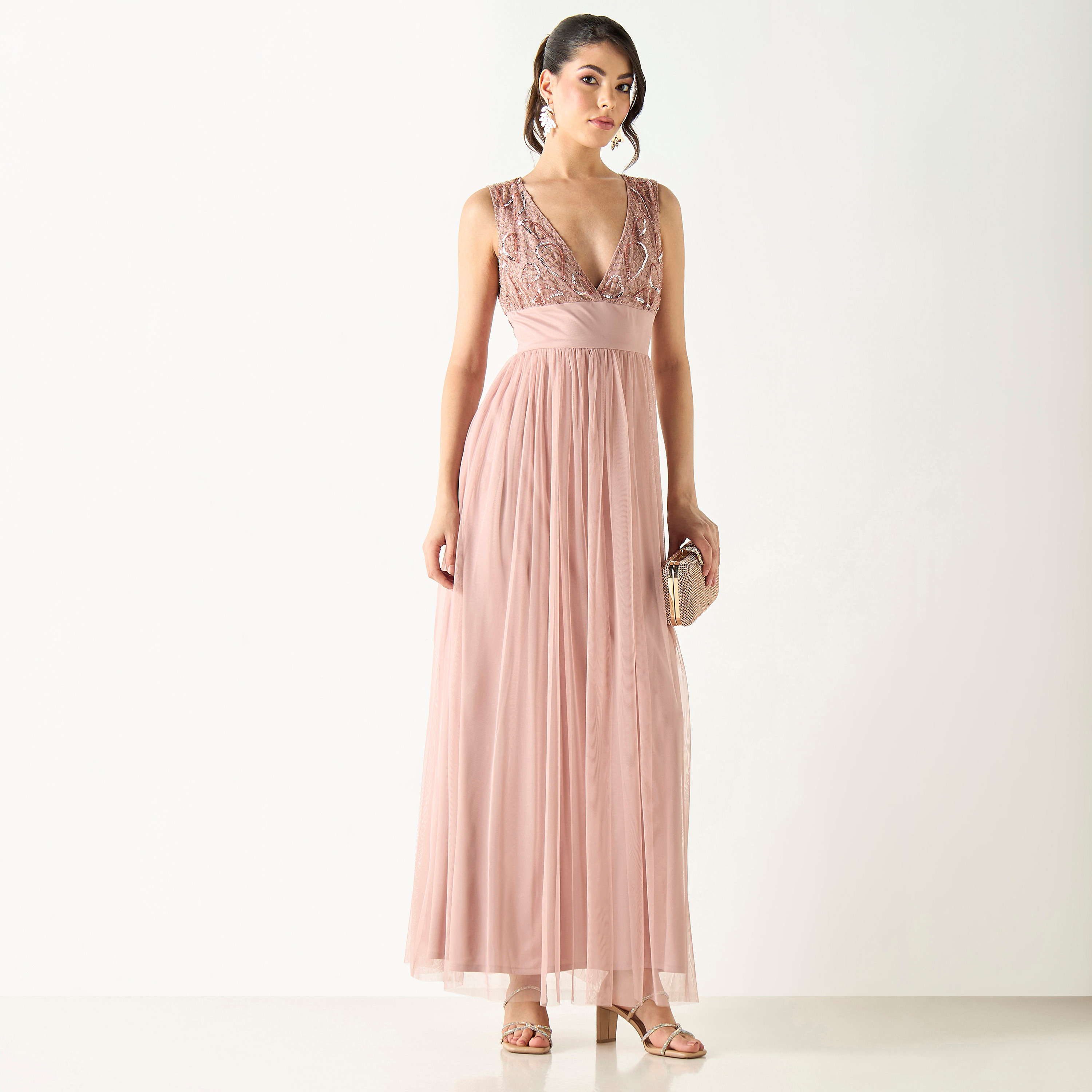 Embellished Sleeveless V-neck Maxi Dress with Zip Closure-women-clothing-dresses-image-2