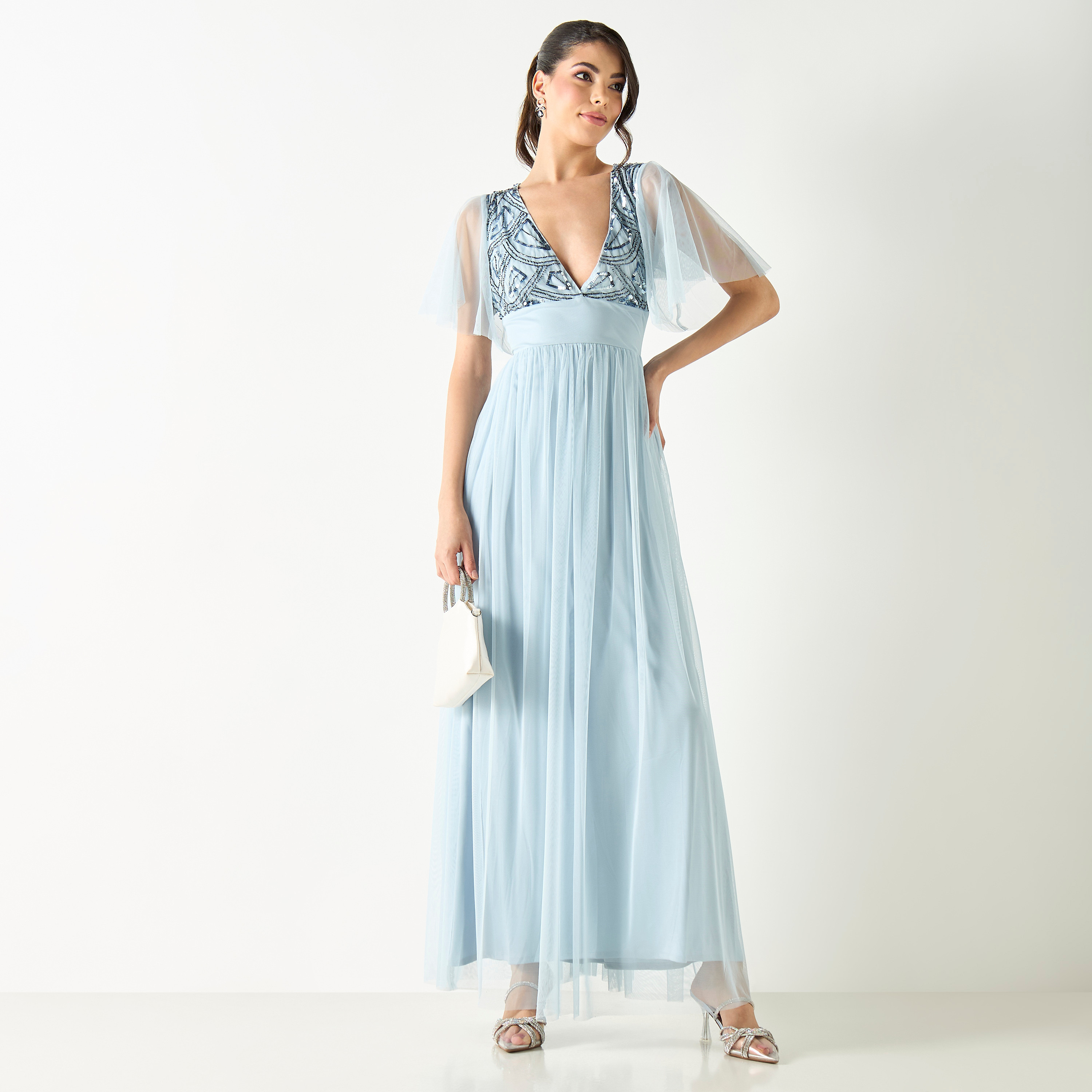 Embellished Plunge Neck Maxi Dress with Flutter Sleeves-women-clothing-dresses-image-1