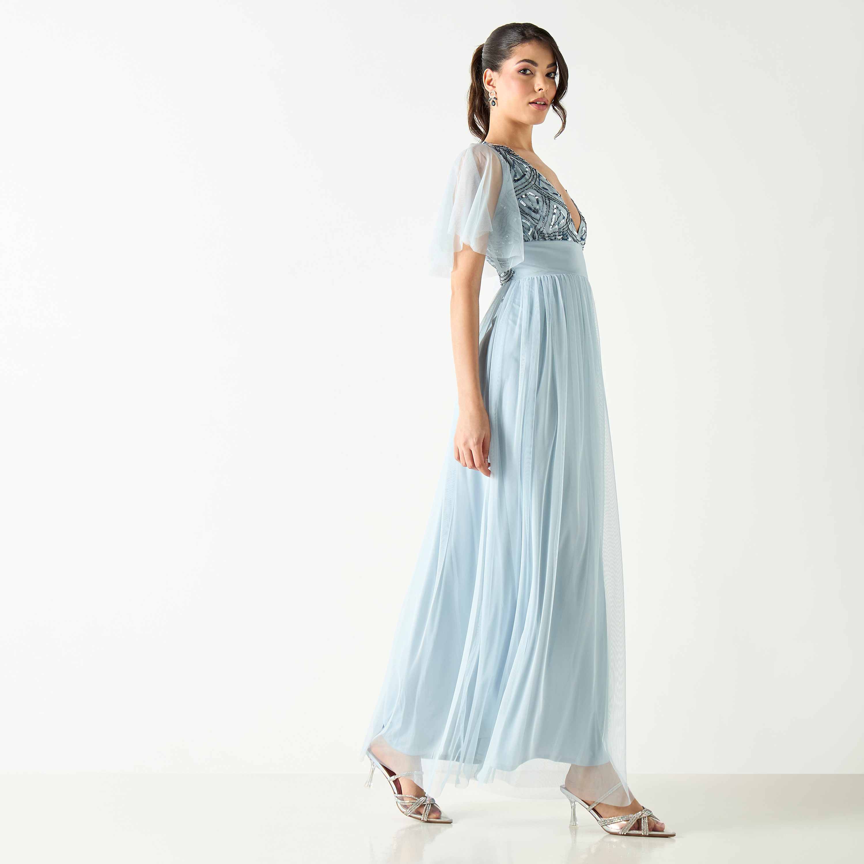 Embellished Plunge Neck Maxi Dress with Flutter Sleeves-women-clothing-dresses-image-2