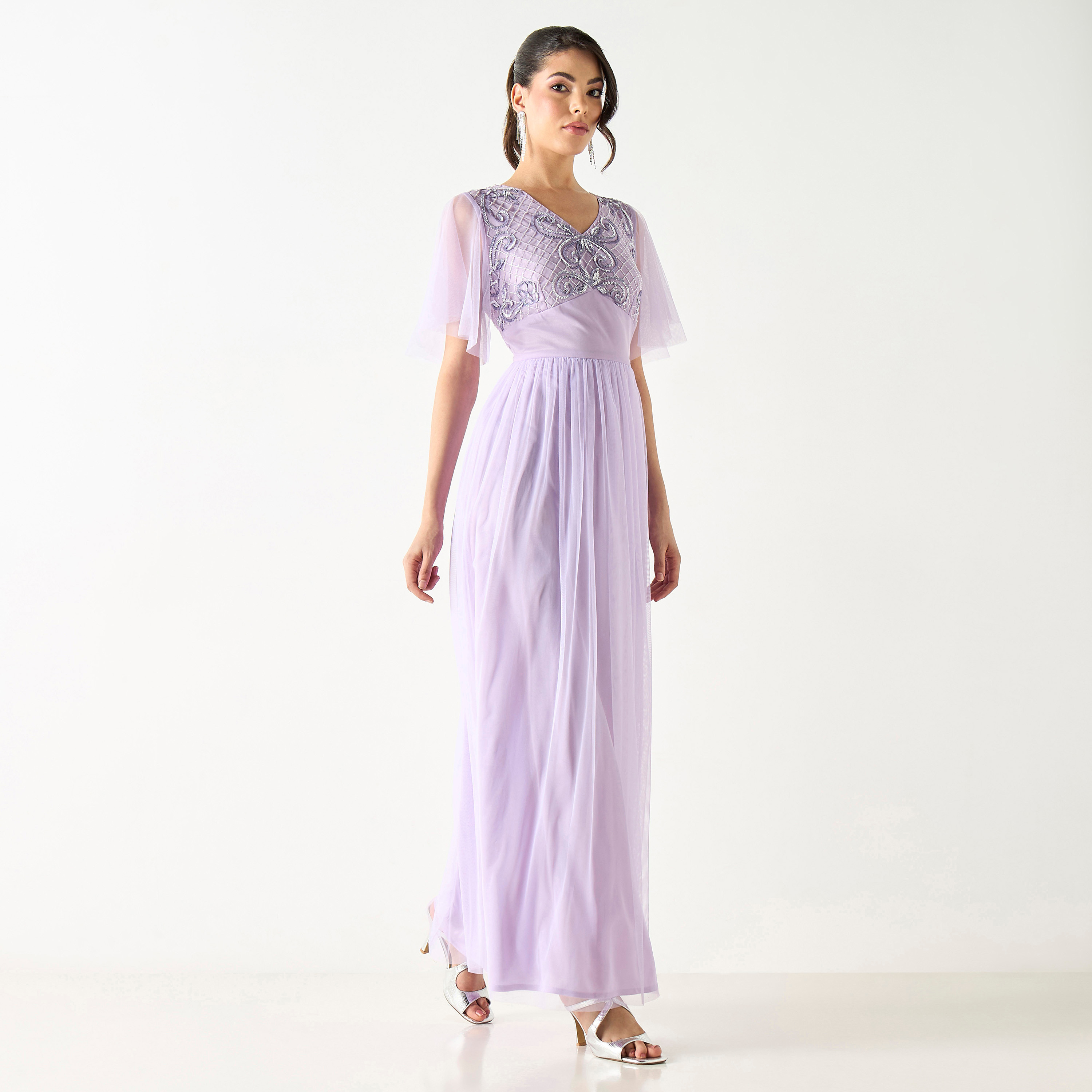 Embellished Neck Maxi Dress with Flutter Sleeves-women-clothing-dresses-image-2