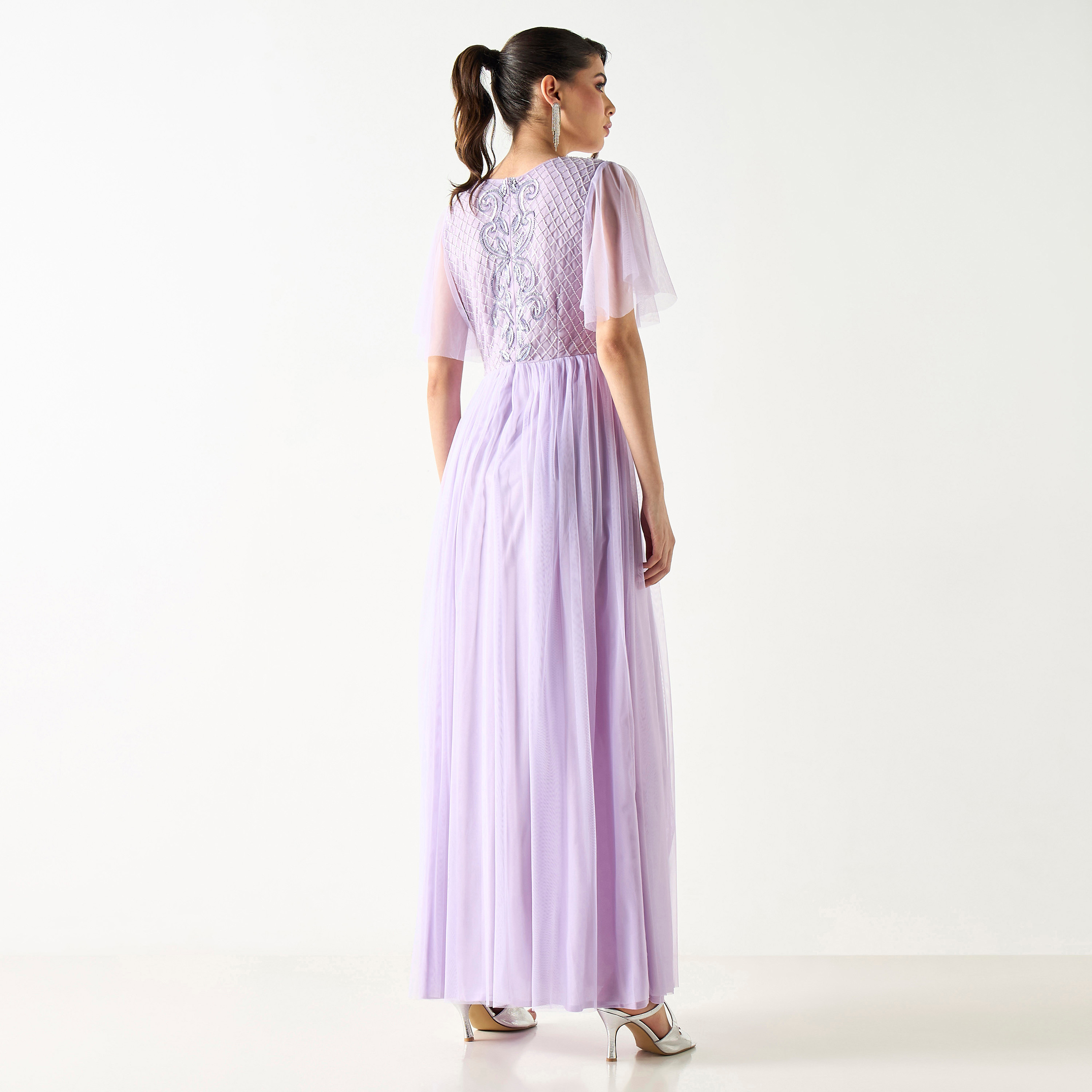Embellished Neck Maxi Dress with Flutter Sleeves-women-clothing-dresses-image-3