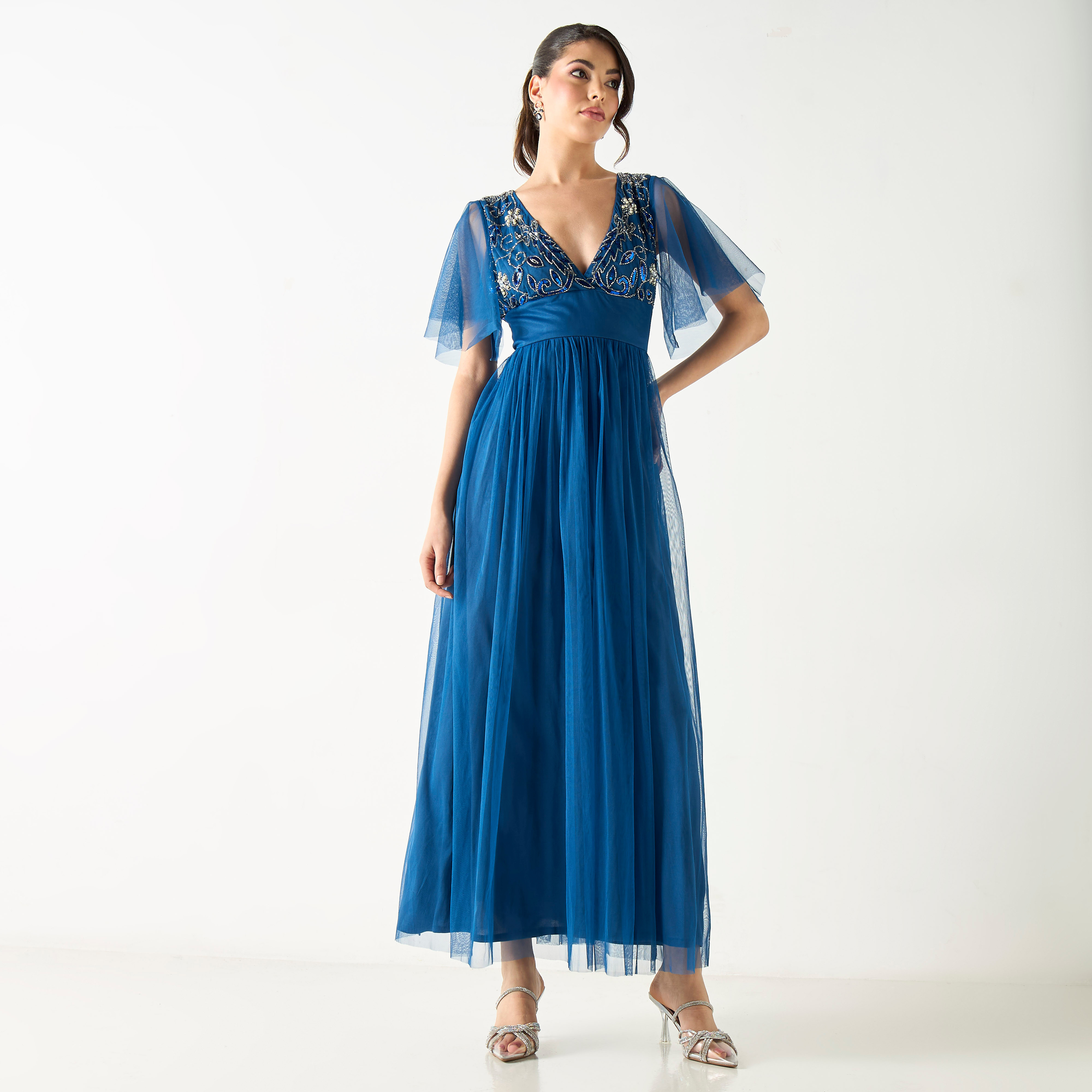 Lace & Beads Embellished Maxi Dress with V-neck and Bell Sleeves-women-clothing-dresses-image-2
