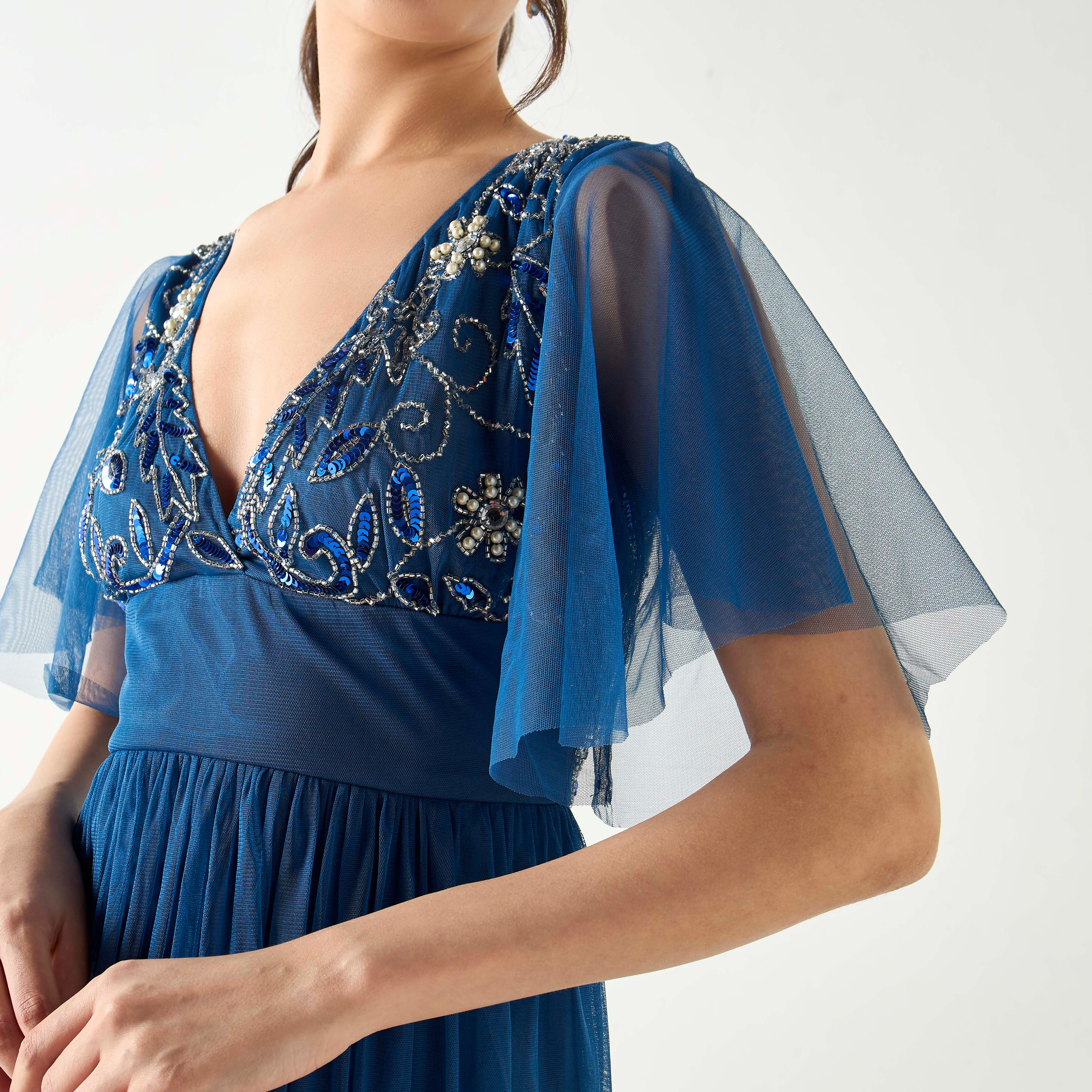 Lace & Beads Embellished Maxi Dress with V-neck and Bell Sleeves-women-clothing-dresses-image-4