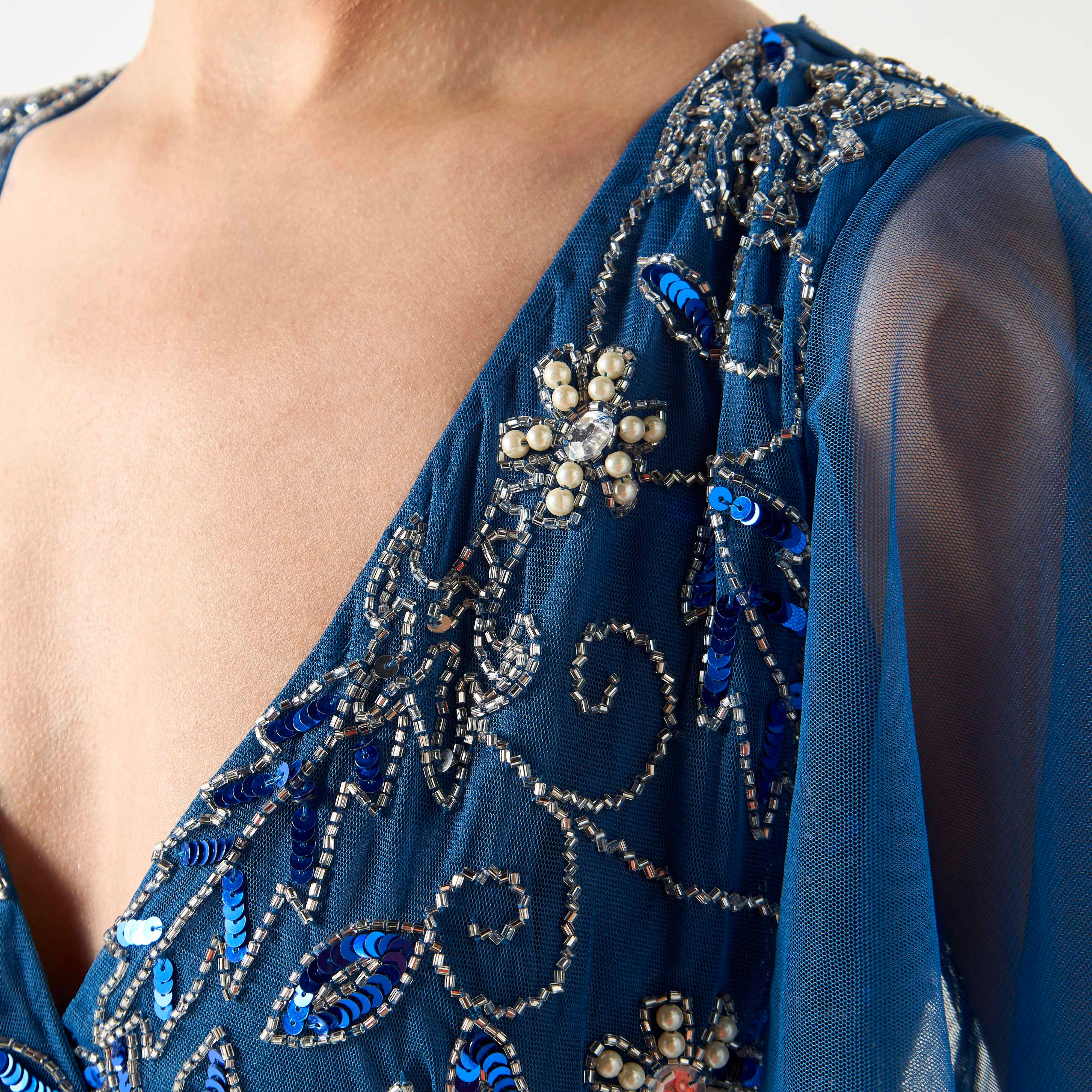 Lace & Beads Embellished Maxi Dress with V-neck and Bell Sleeves-women-clothing-dresses-image-5
