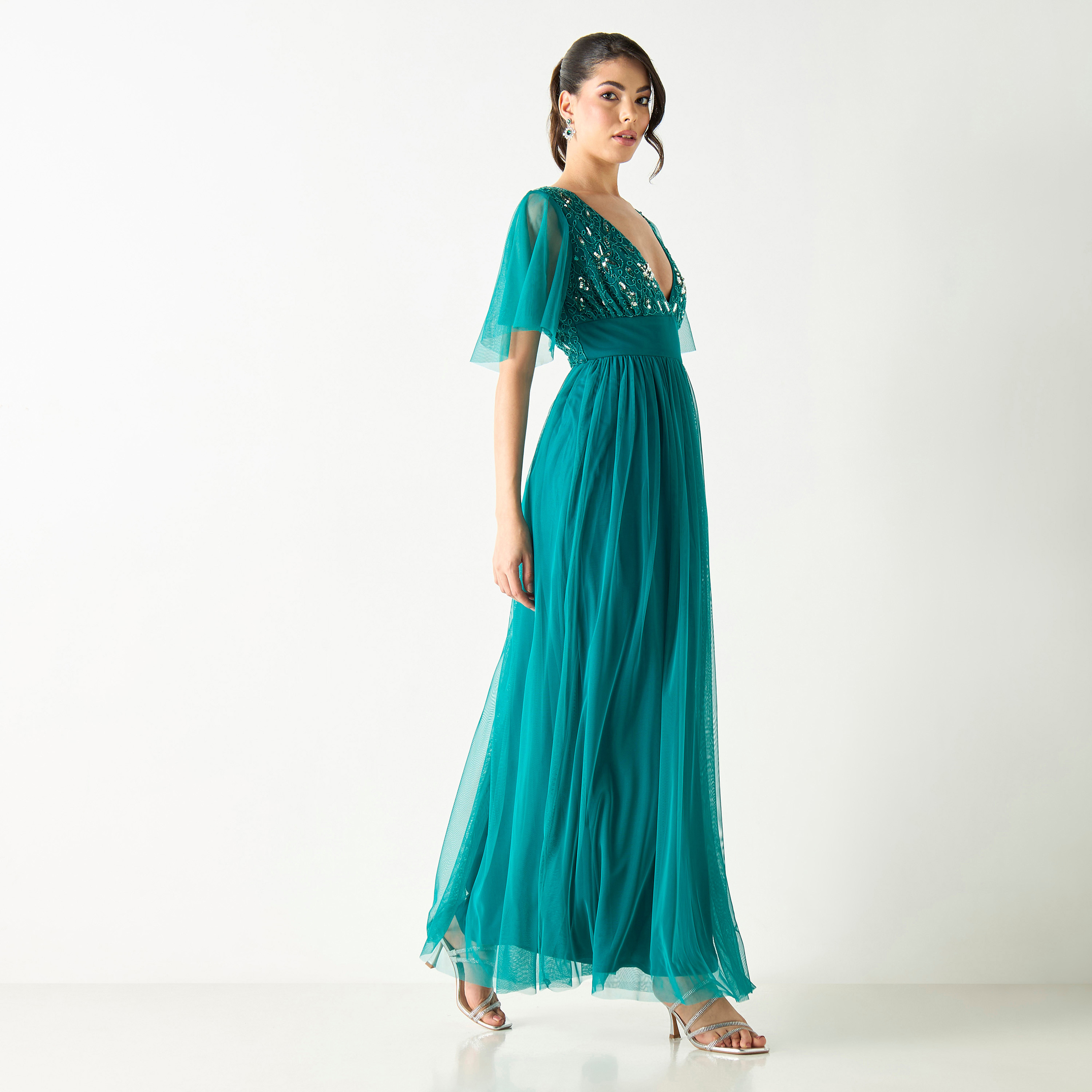 Embellished Plunge Neck Maxi Dress with Flutter Sleeves-women-clothing-dresses-image-2