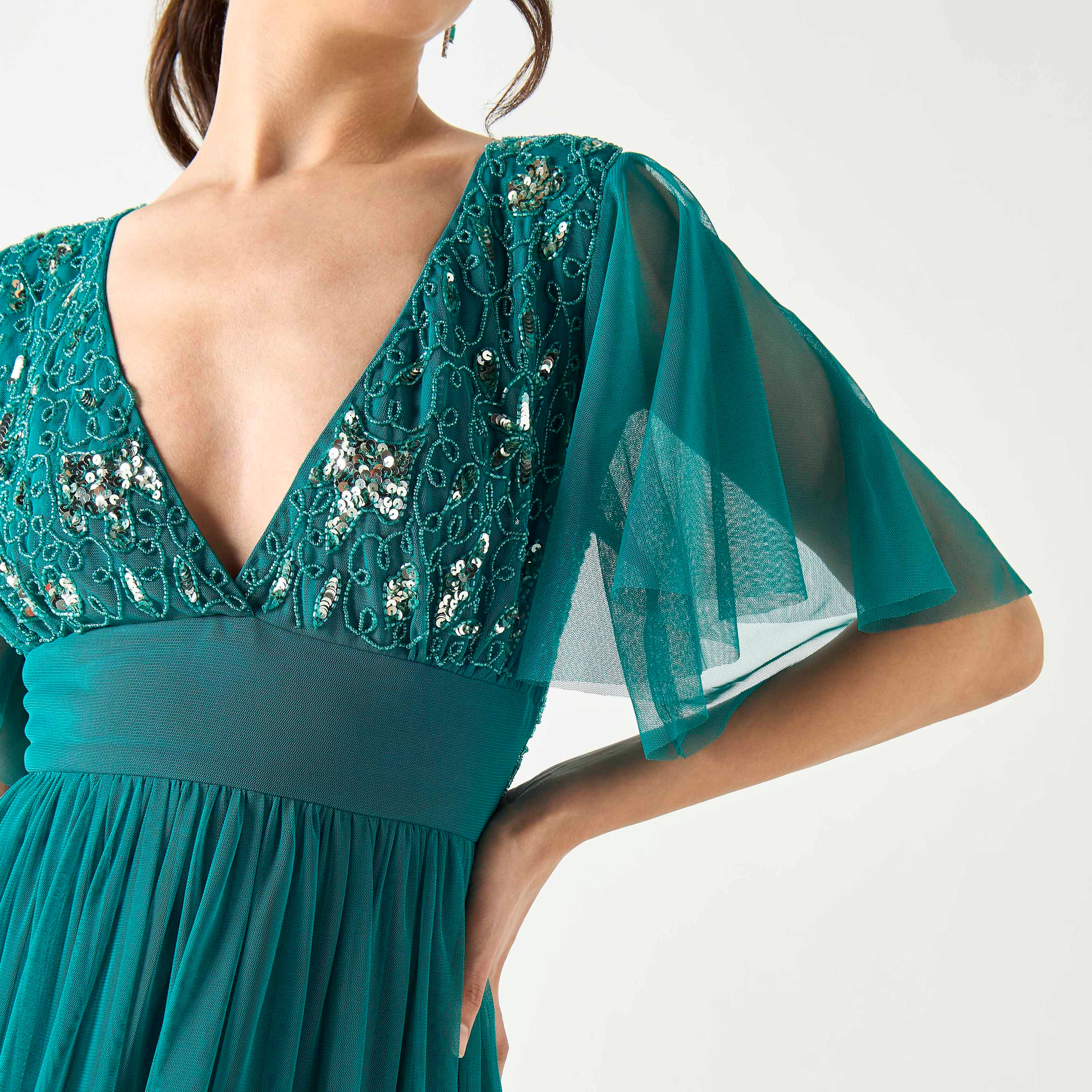 Embellished Plunge Neck Maxi Dress with Flutter Sleeves-women-clothing-dresses-image-4