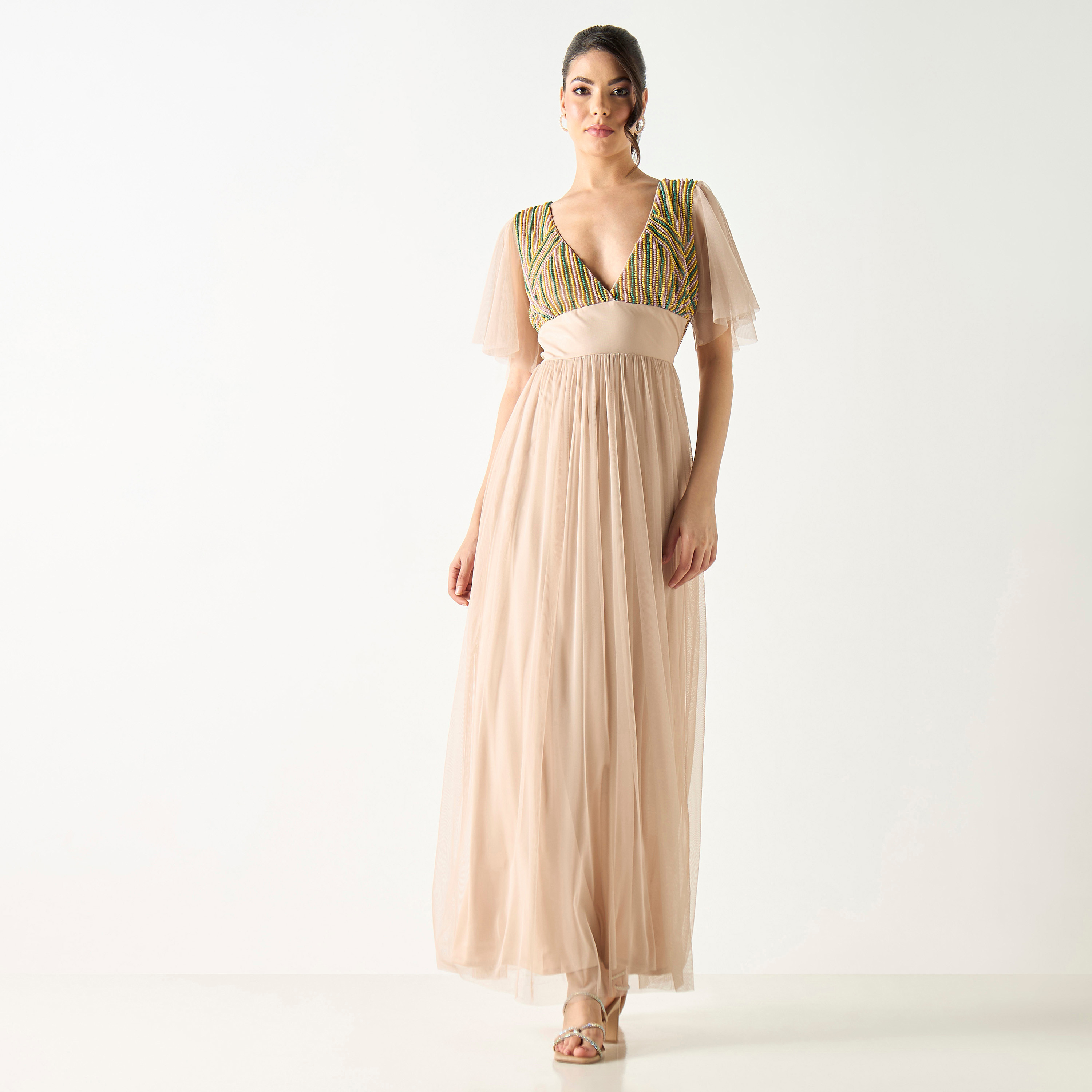 فستان طويل مزين بياقة عميقة وأكمام واسعة وسحاب للإغلاق-women-clothing-dresses-image-3