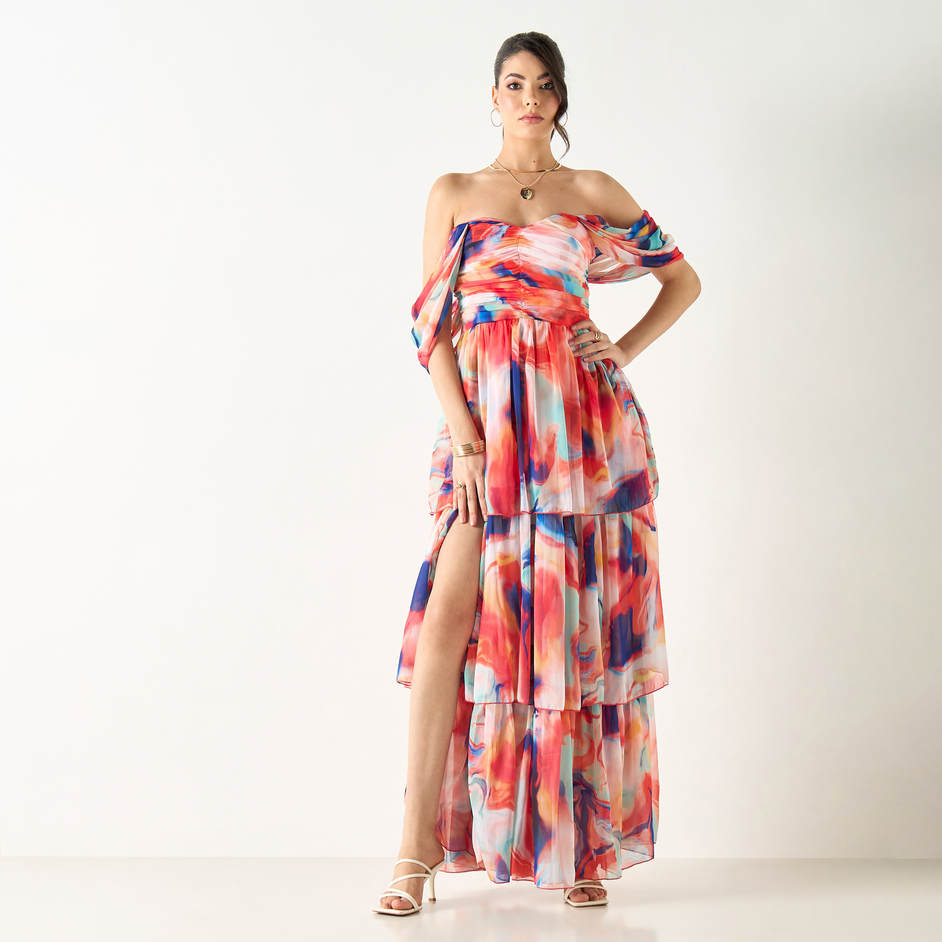 Lace & Beads All-Over Print Pleated Off Shoulder Dress with Slit Detail-women-clothing-dresses-image-1