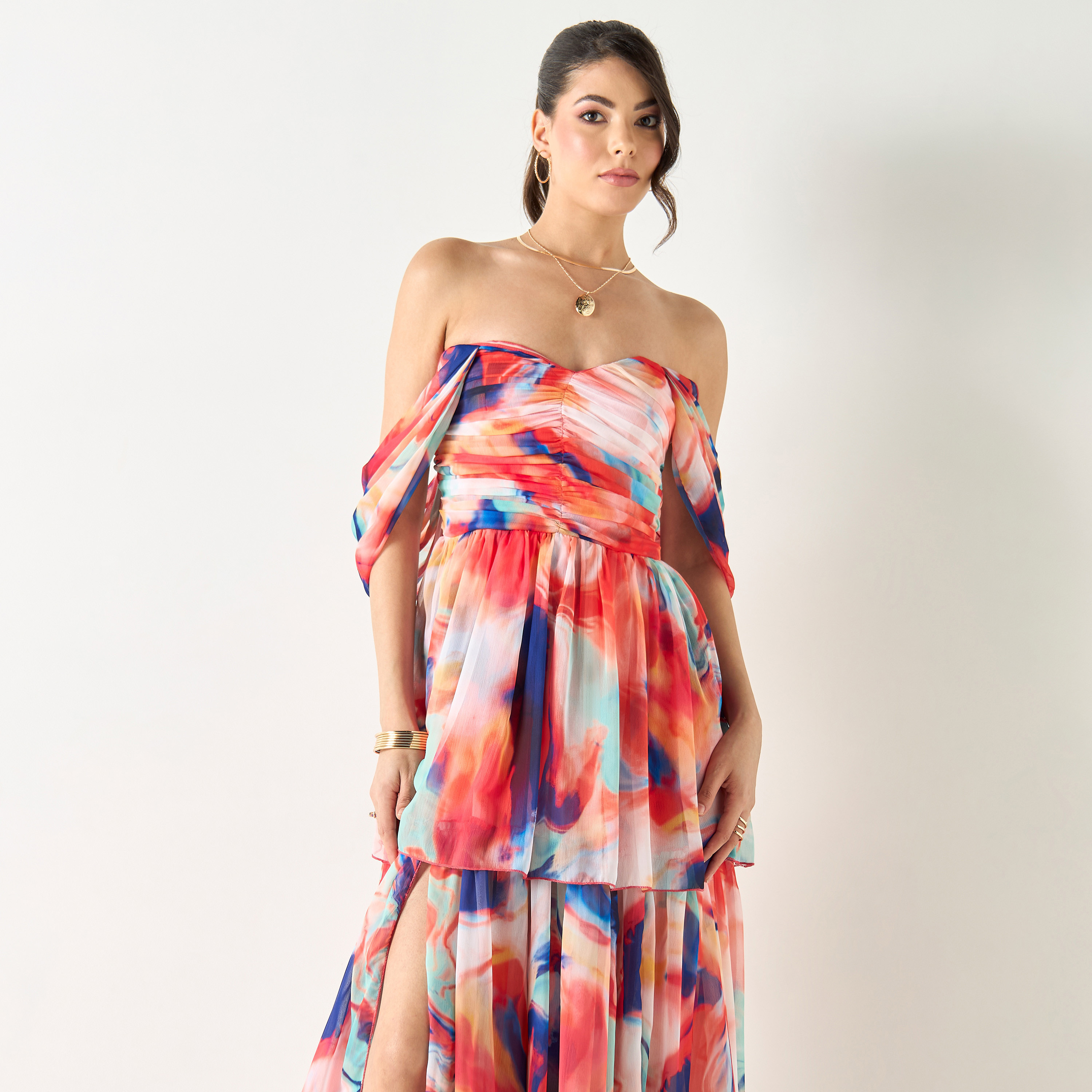 Lace & Beads All-Over Print Pleated Off Shoulder Dress with Slit Detail-women-clothing-dresses-image-2