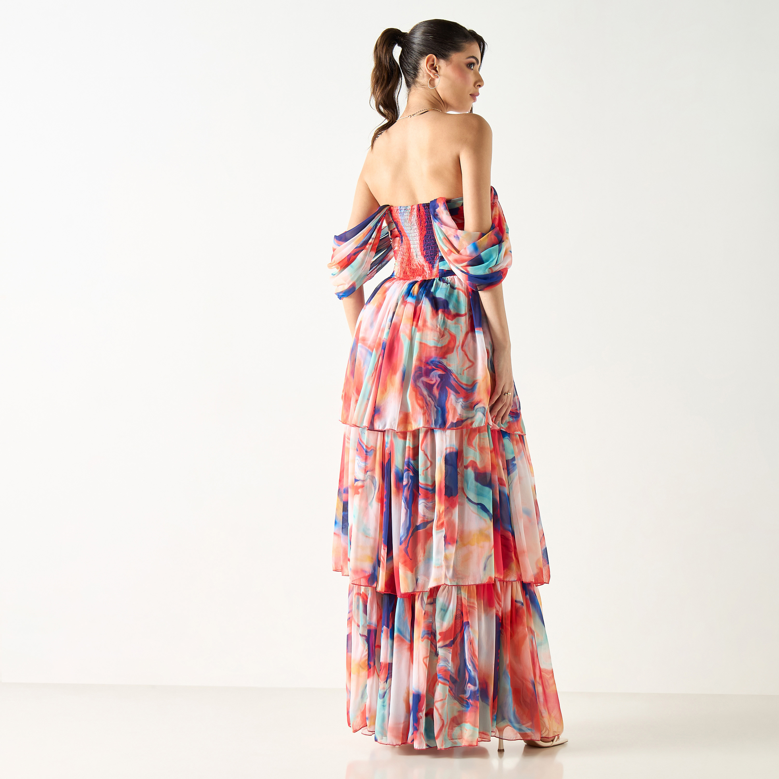 Lace & Beads All-Over Print Pleated Off Shoulder Dress with Slit Detail-women-clothing-dresses-image-3