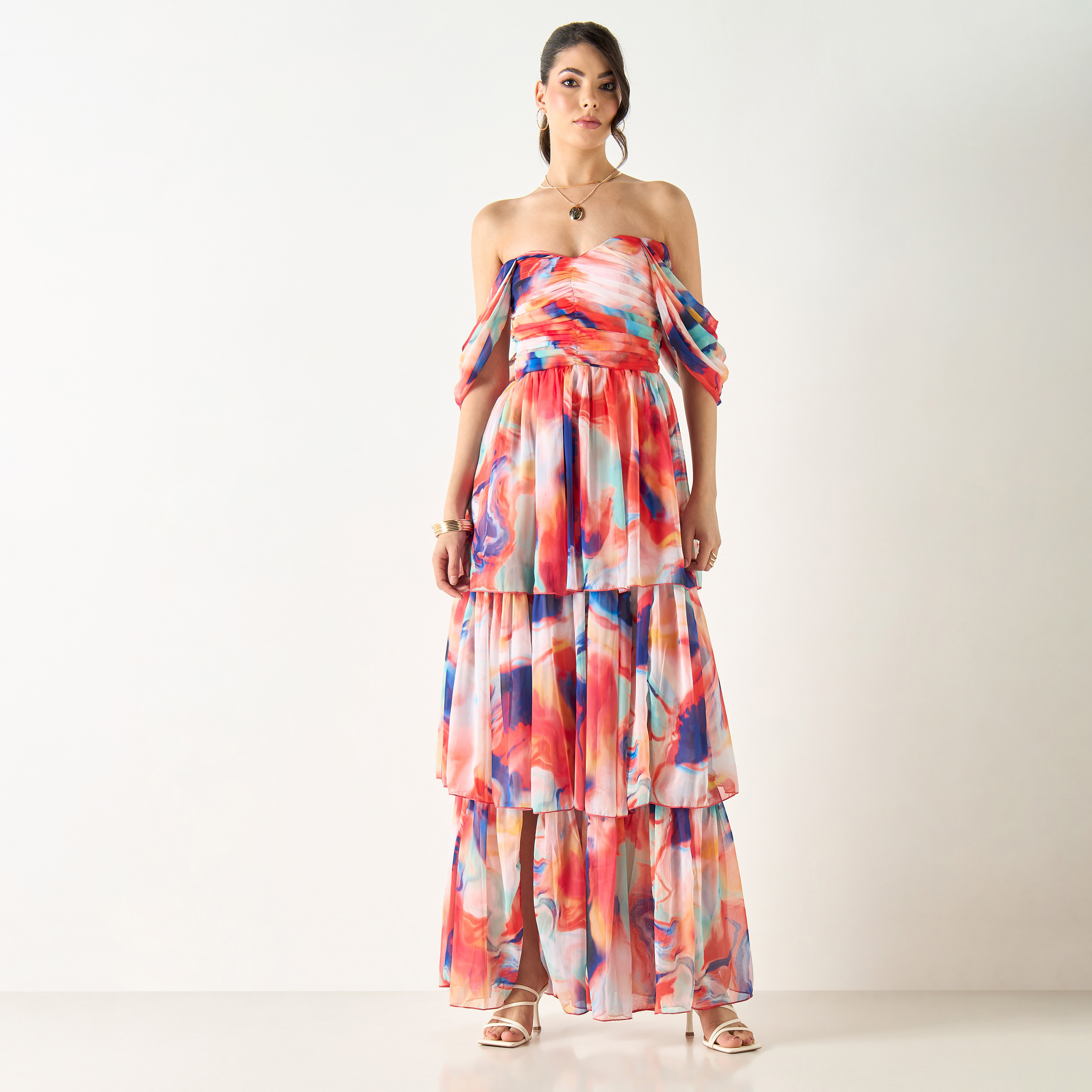 Lace & Beads All-Over Print Pleated Off Shoulder Dress with Slit Detail-women-clothing-dresses-image-4