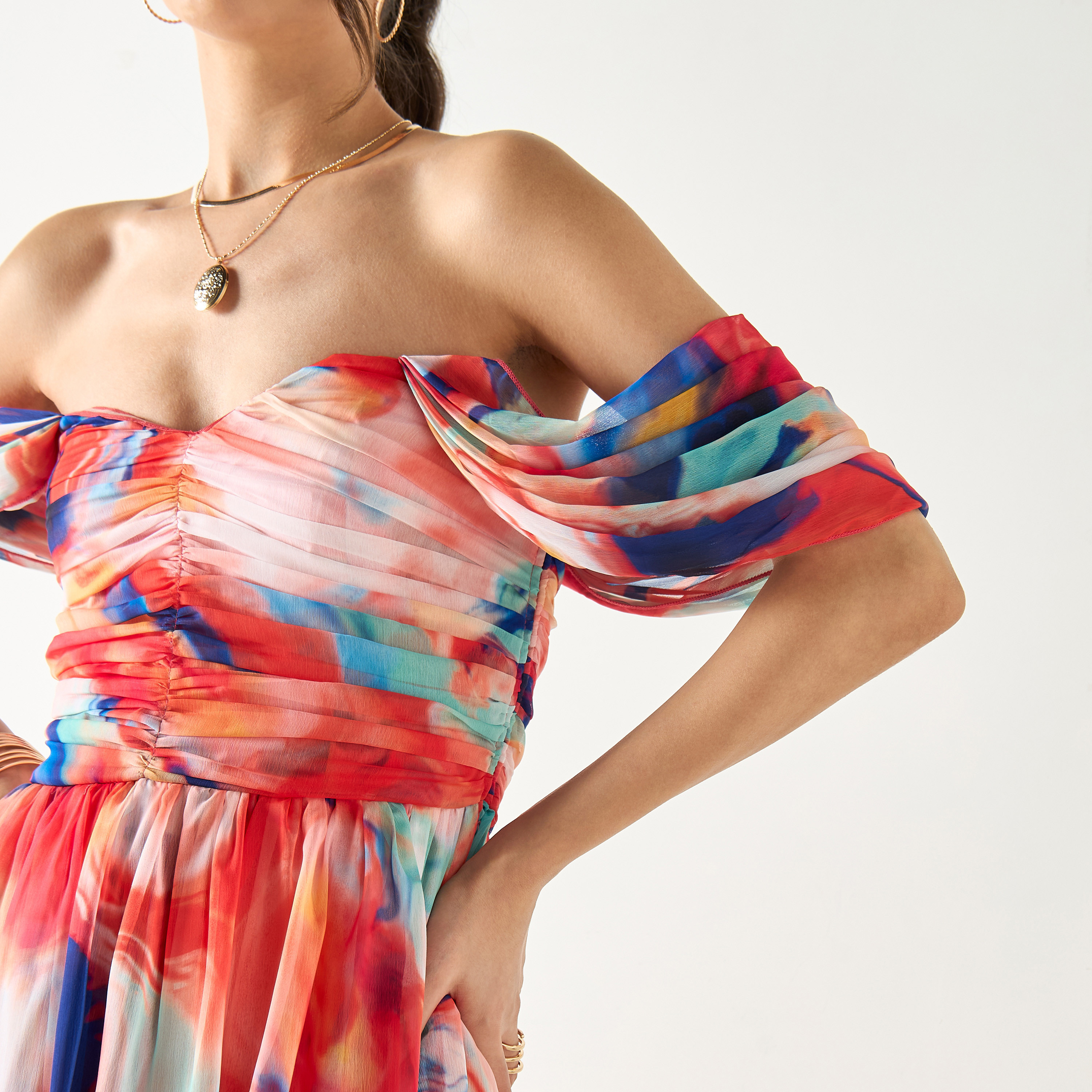 Lace & Beads All-Over Print Pleated Off Shoulder Dress with Slit Detail-women-clothing-dresses-image-5