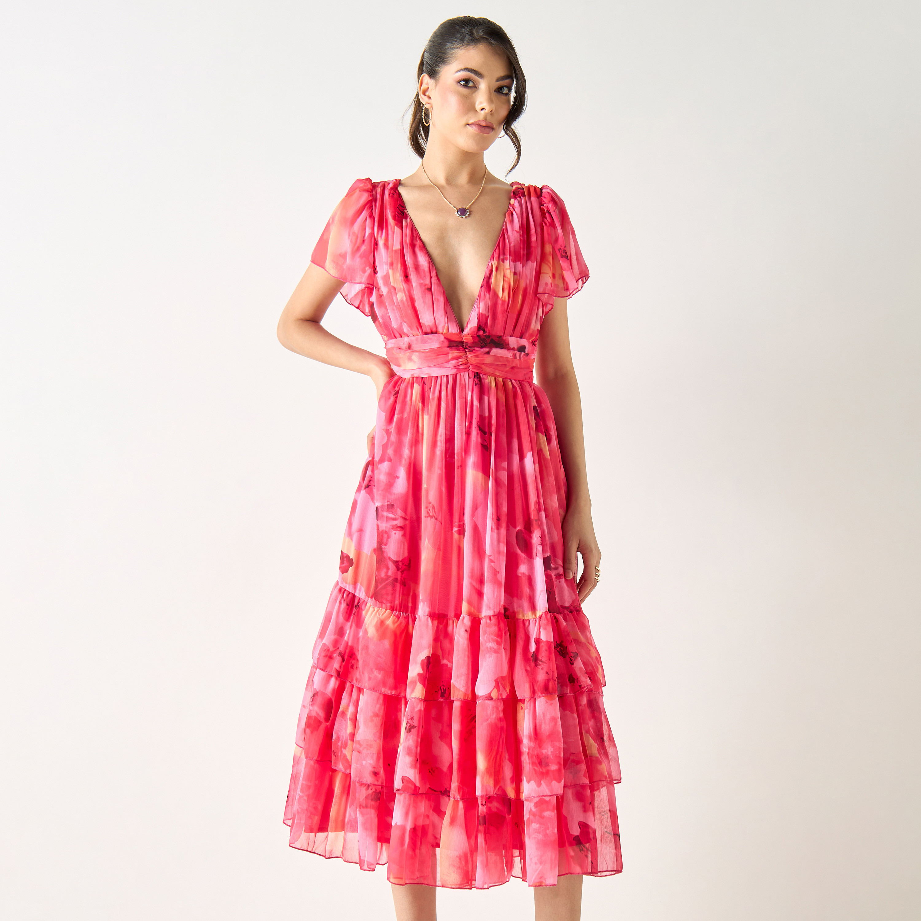 فستان ميدي بأكمام واسعة وبياقة عميقة وطبعات أزهار-women-clothing-dresses-image-1