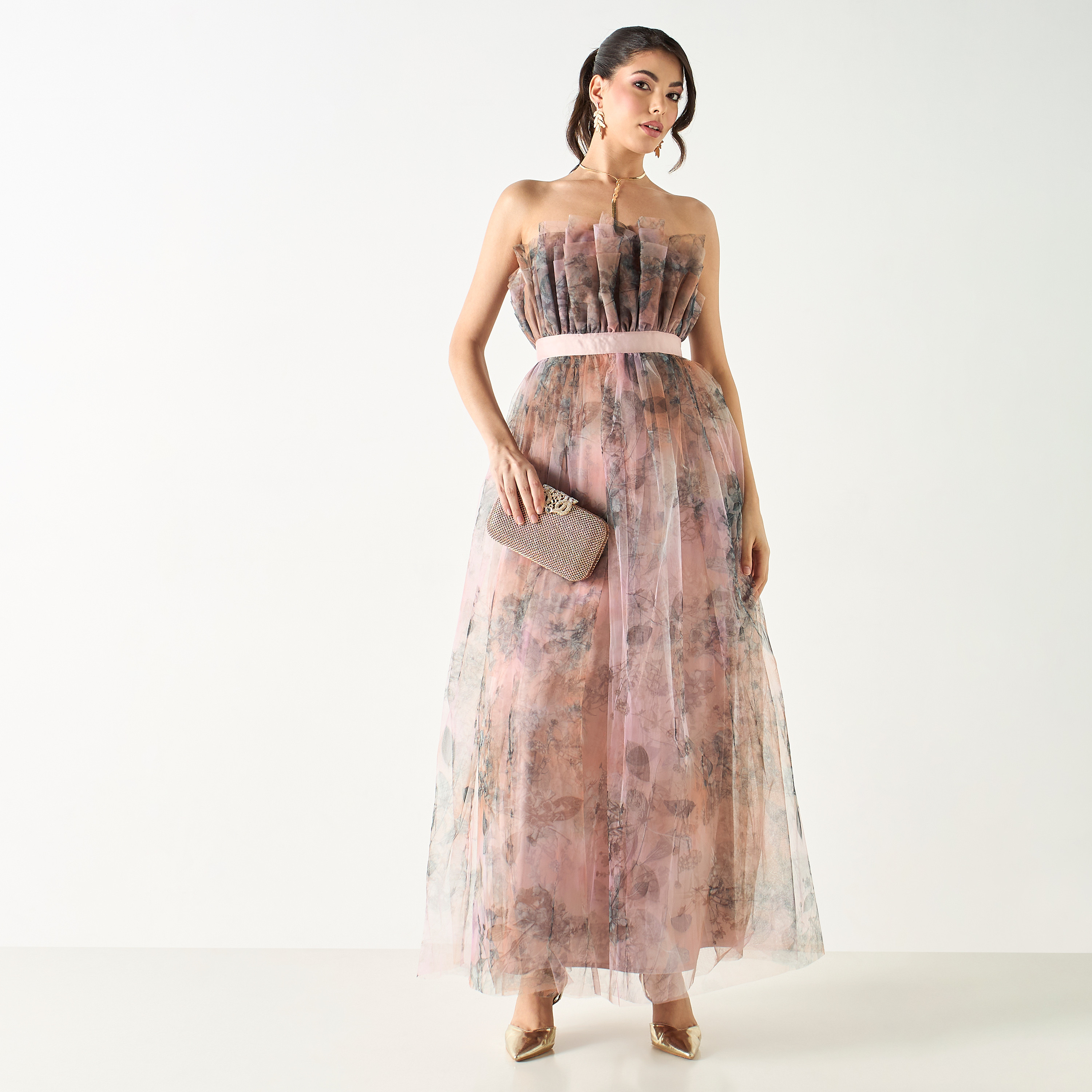 Lace & Beads All-Over Print Maxi Mesh Gathered Dress-women-clothing-dresses-image-2