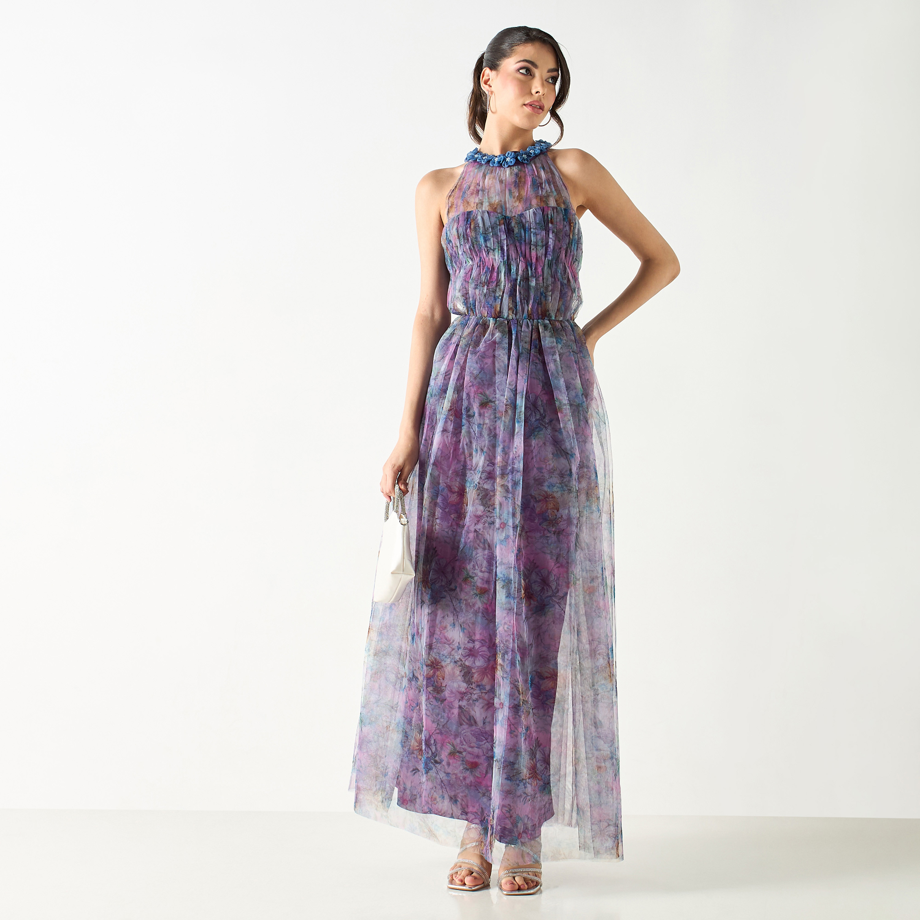 فستان طويل شبكي دون أكمام بطبعات وزخارف زهرية من ليس آند بيدز-women-clothing-dresses-image-1