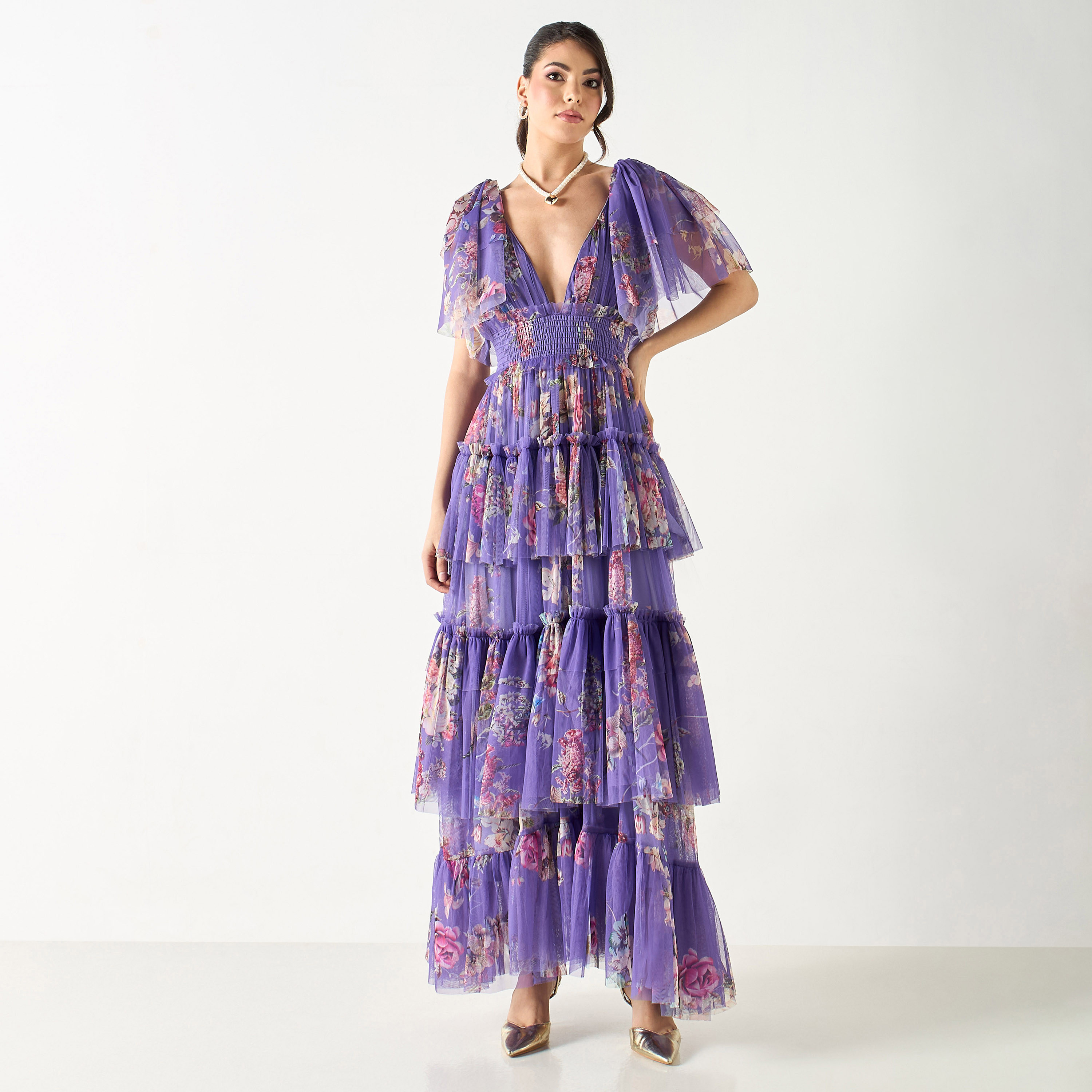 فستان شبكي طويل بطبعات زهور وأكمام واسعة وطبقات من ليس آند بيدز-women-clothing-dresses-image-1