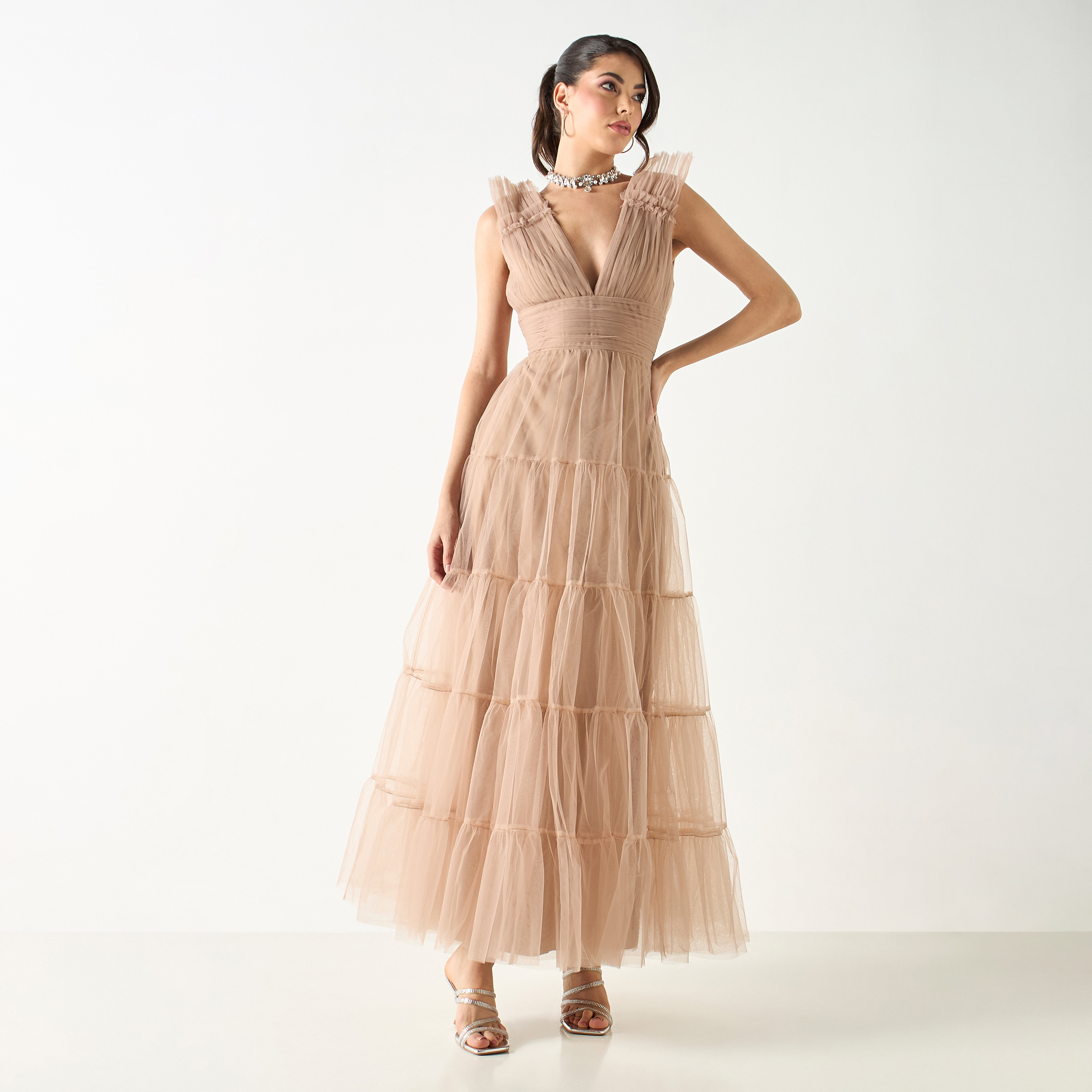 فستان ماكسي دون أكمام إيه لاين بشبك وطبقات من ليس آند بيدز-women-clothing-dresses-image-1