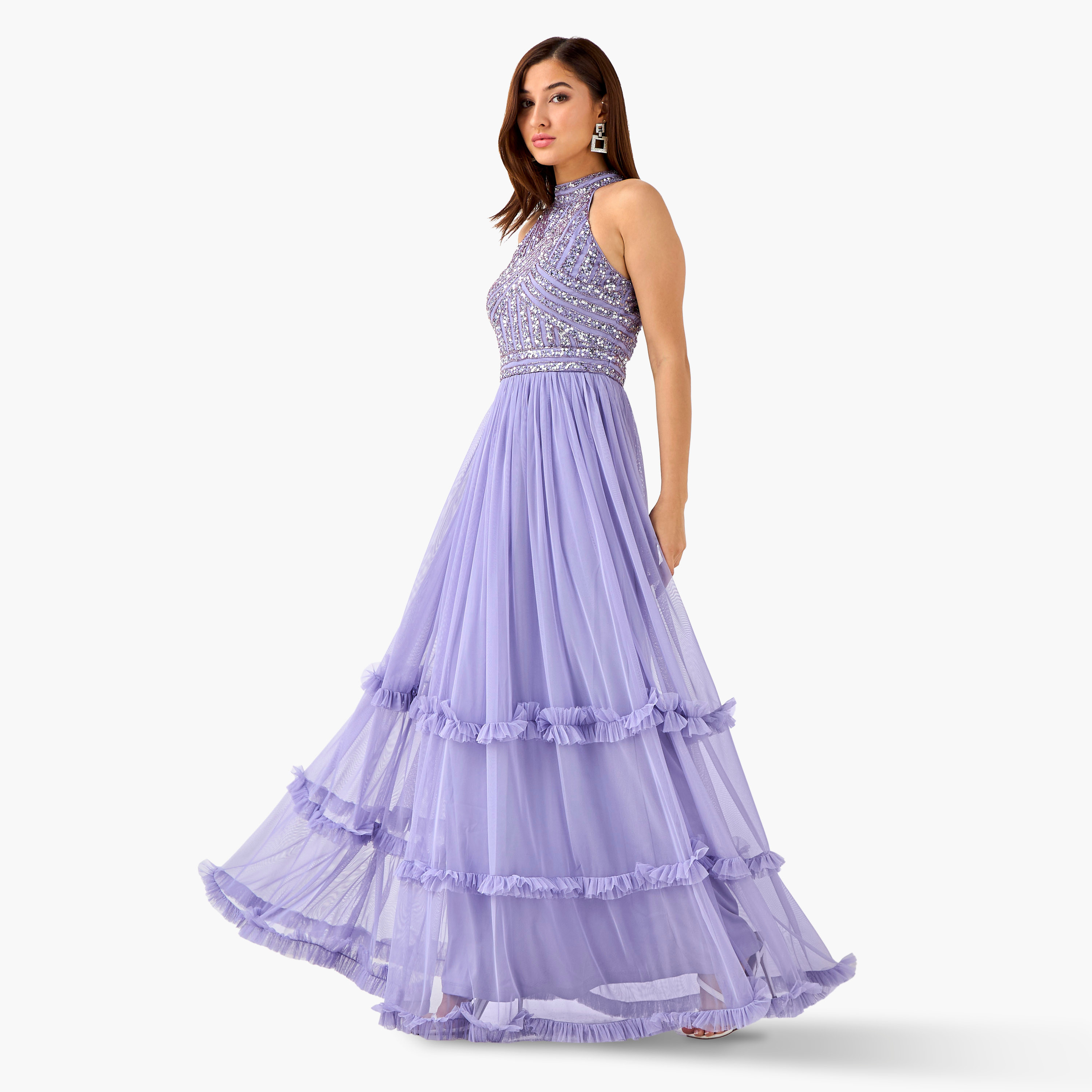 Lace & Beads Embellished Tiered Women Dress with Halter Neck-women-clothing-dresses-image-1