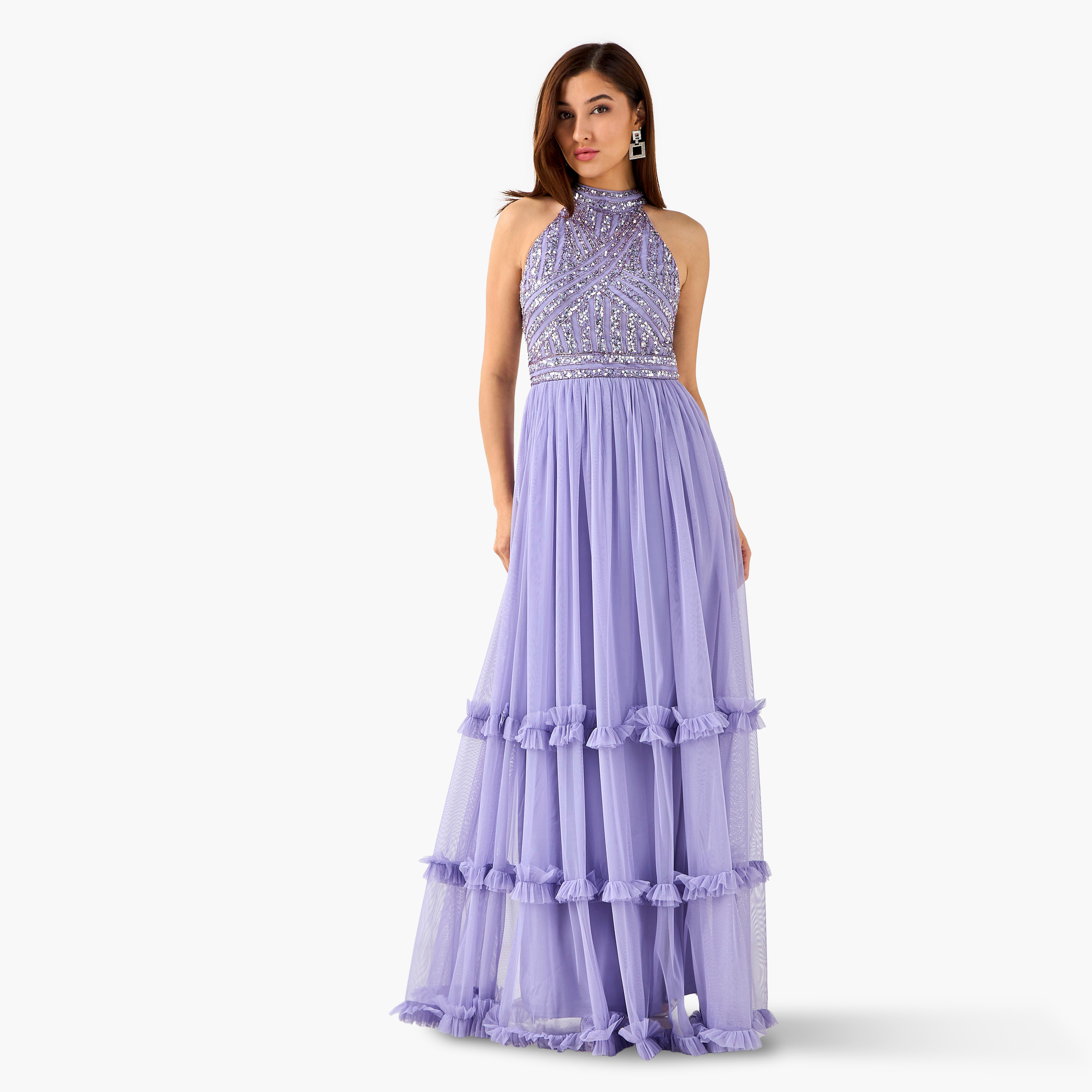 Lace & Beads Embellished Tiered Women Dress with Halter Neck-women-clothing-dresses-image-2