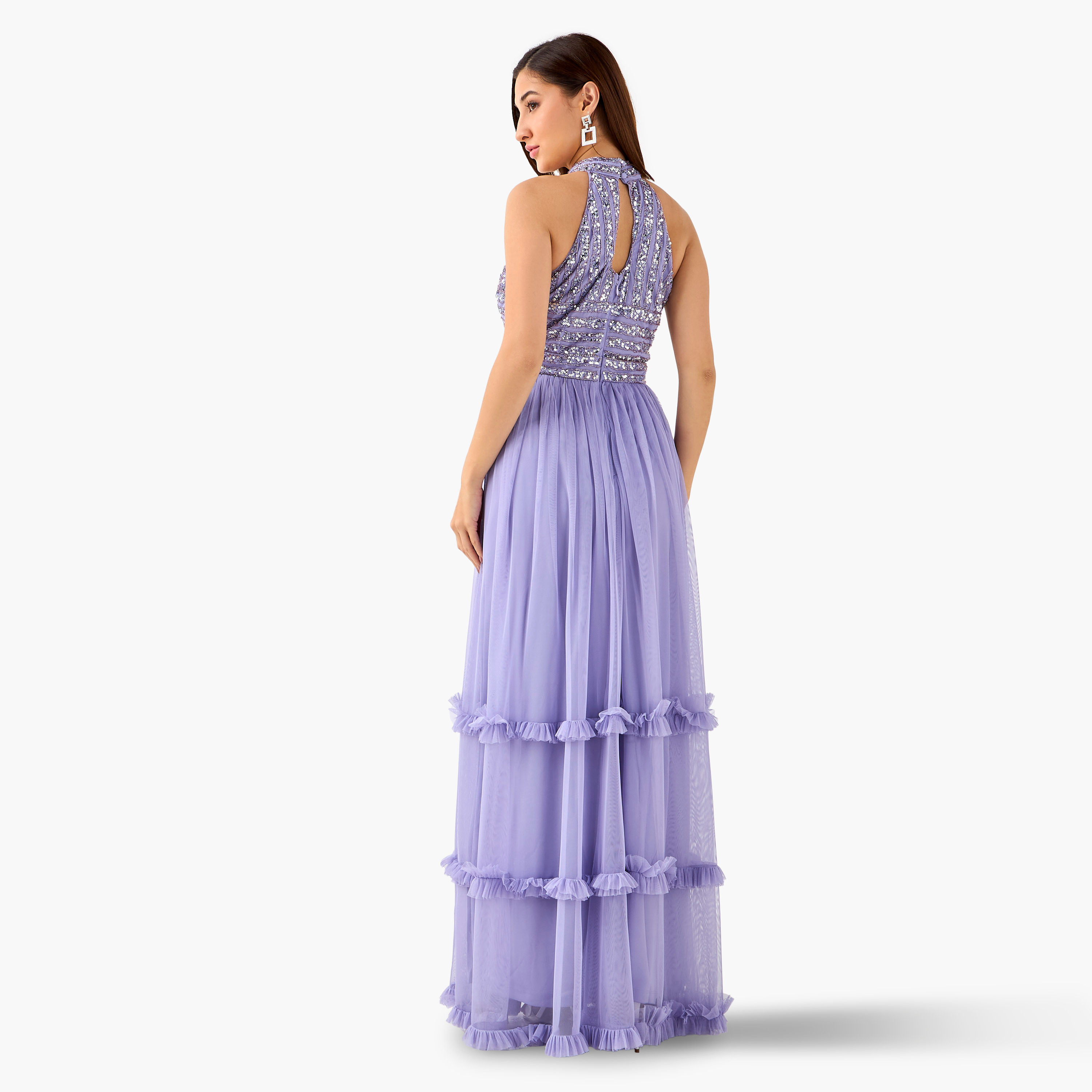 Lace & Beads Embellished Tiered Women Dress with Halter Neck-women-clothing-dresses-image-3