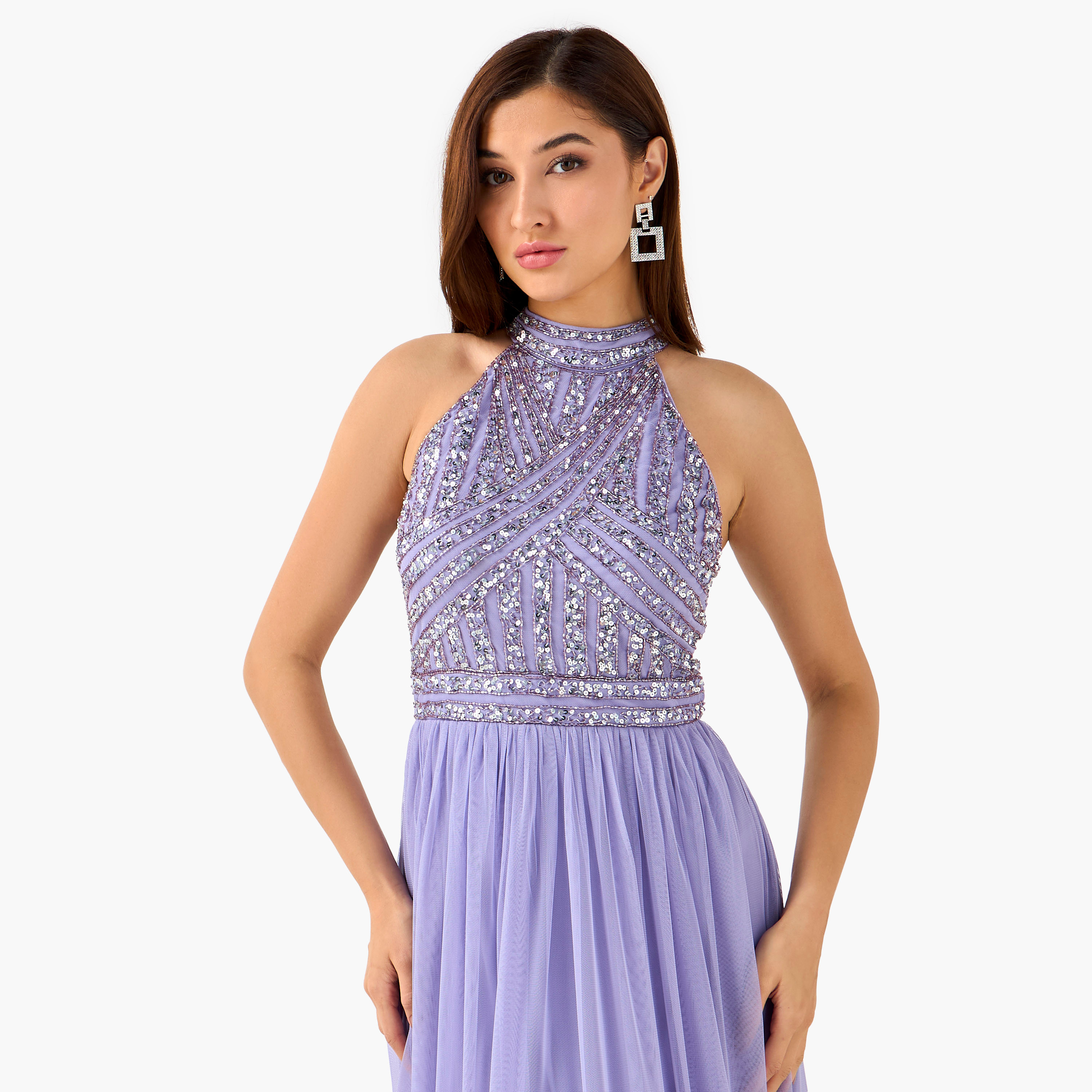 Lace & Beads Embellished Tiered Women Dress with Halter Neck-women-clothing-dresses-image-4