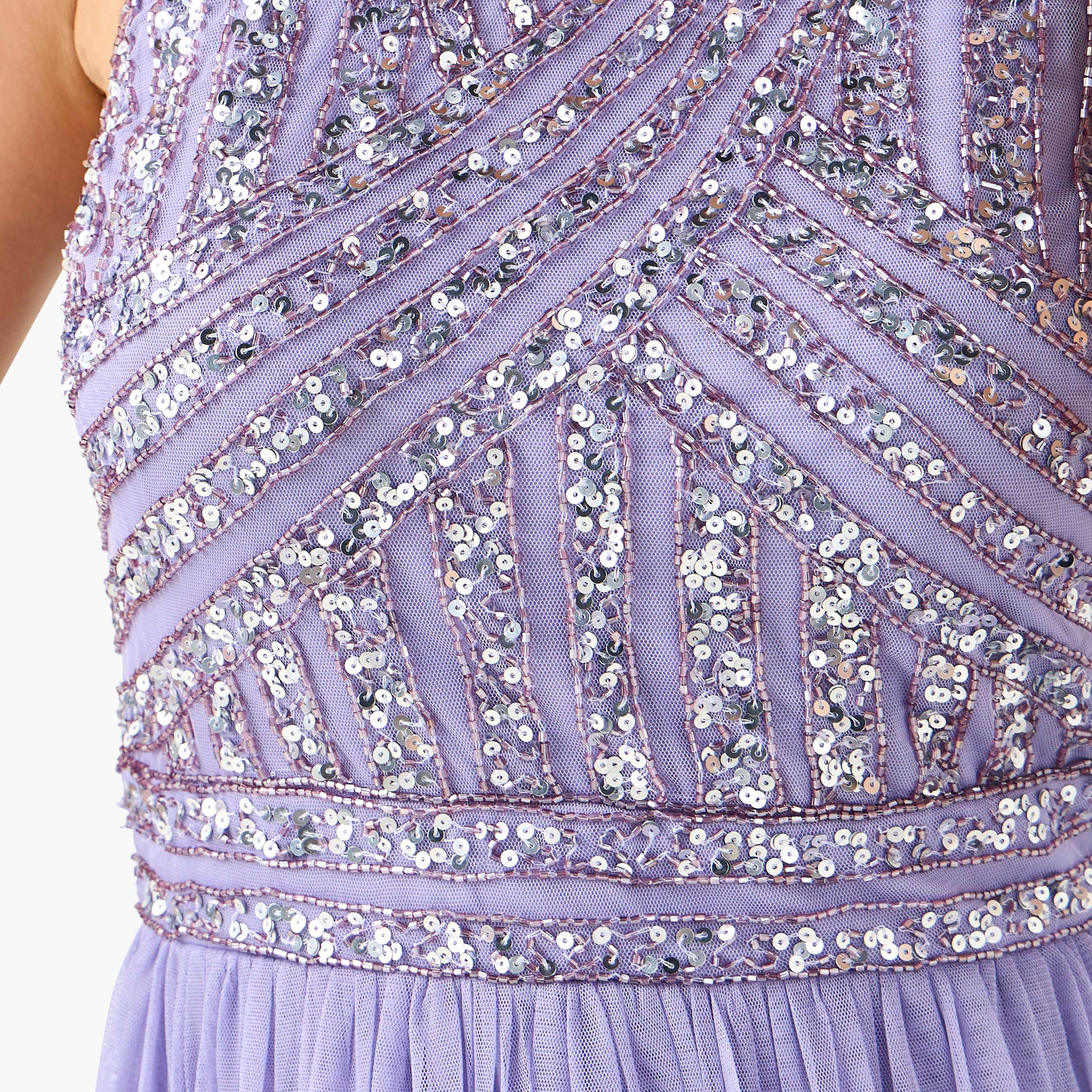 Lace & Beads Embellished Tiered Women Dress with Halter Neck-women-clothing-dresses-image-5