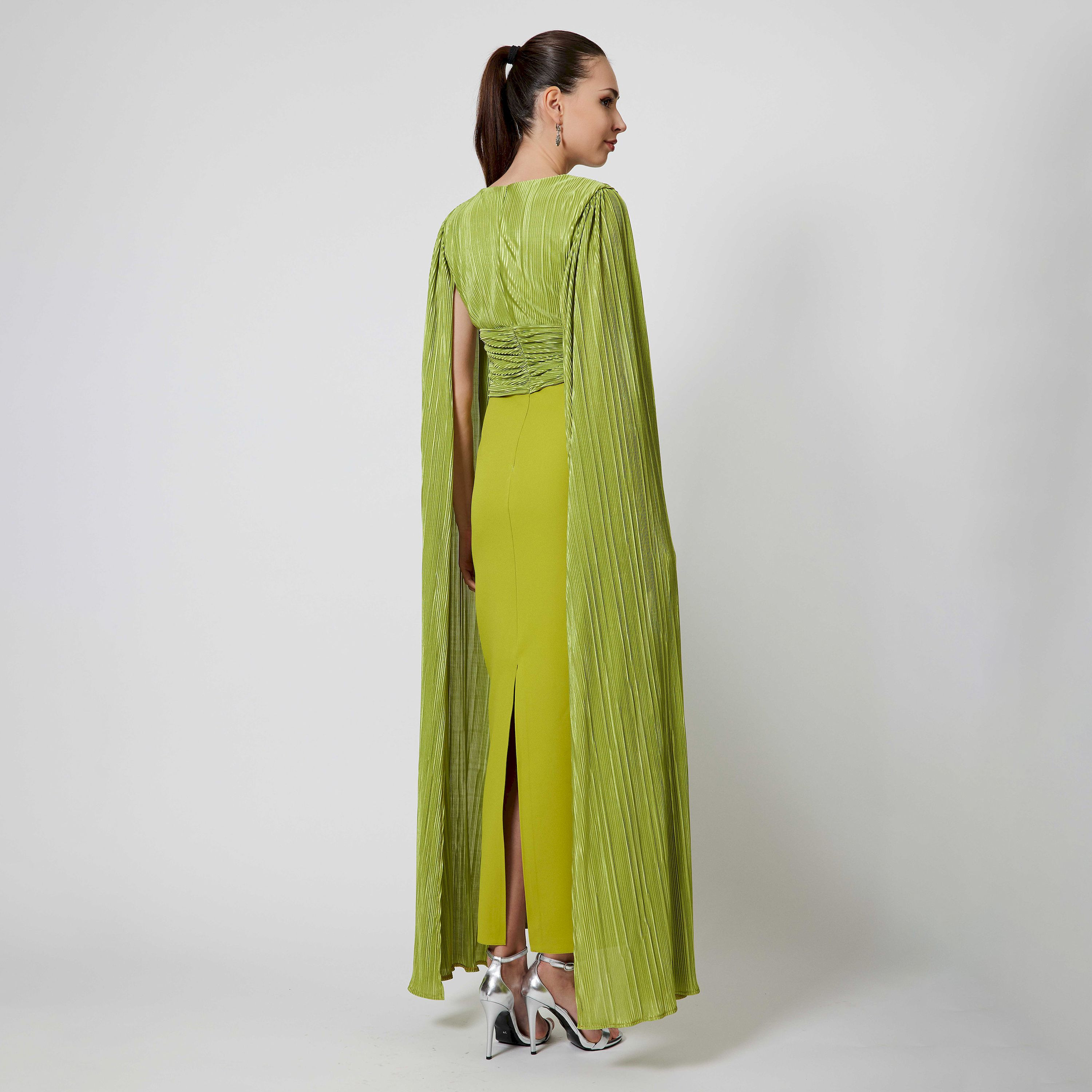 Ispilia Textured V-Neck Pleated Women's Evening wear Maxi Dress-women-clothing-dresses-image-2