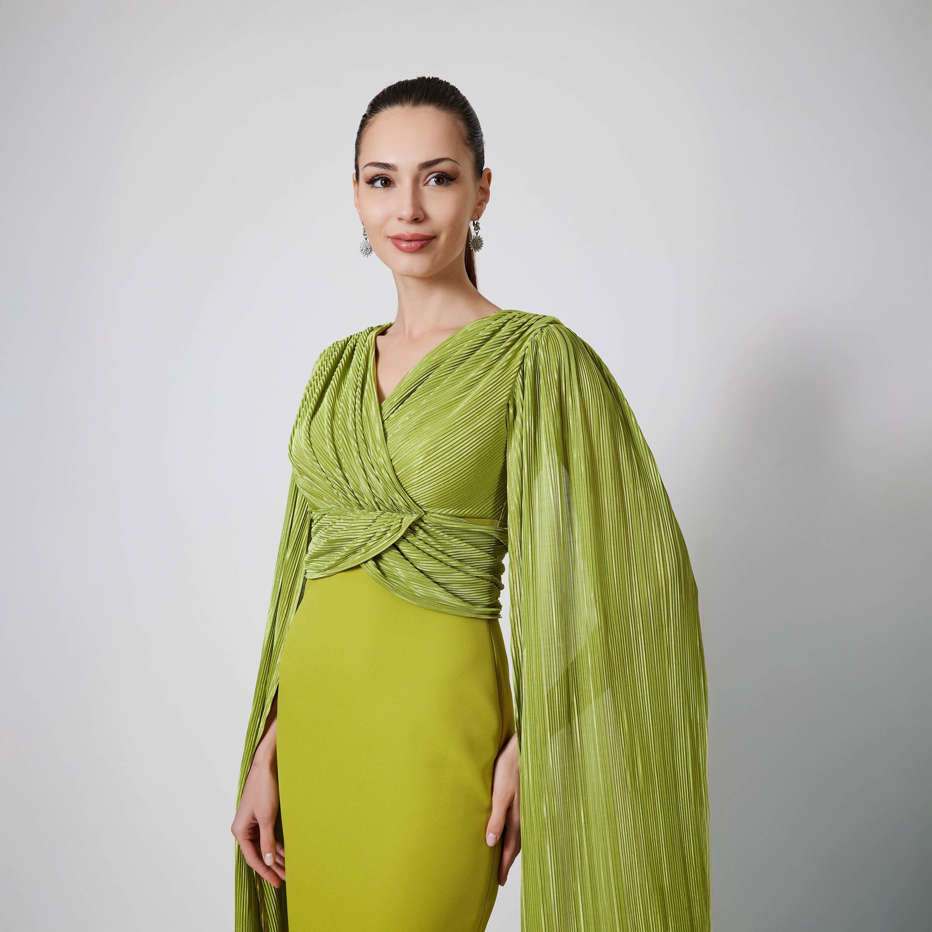 Ispilia Textured V-Neck Pleated Women's Evening wear Maxi Dress-women-clothing-dresses-image-3
