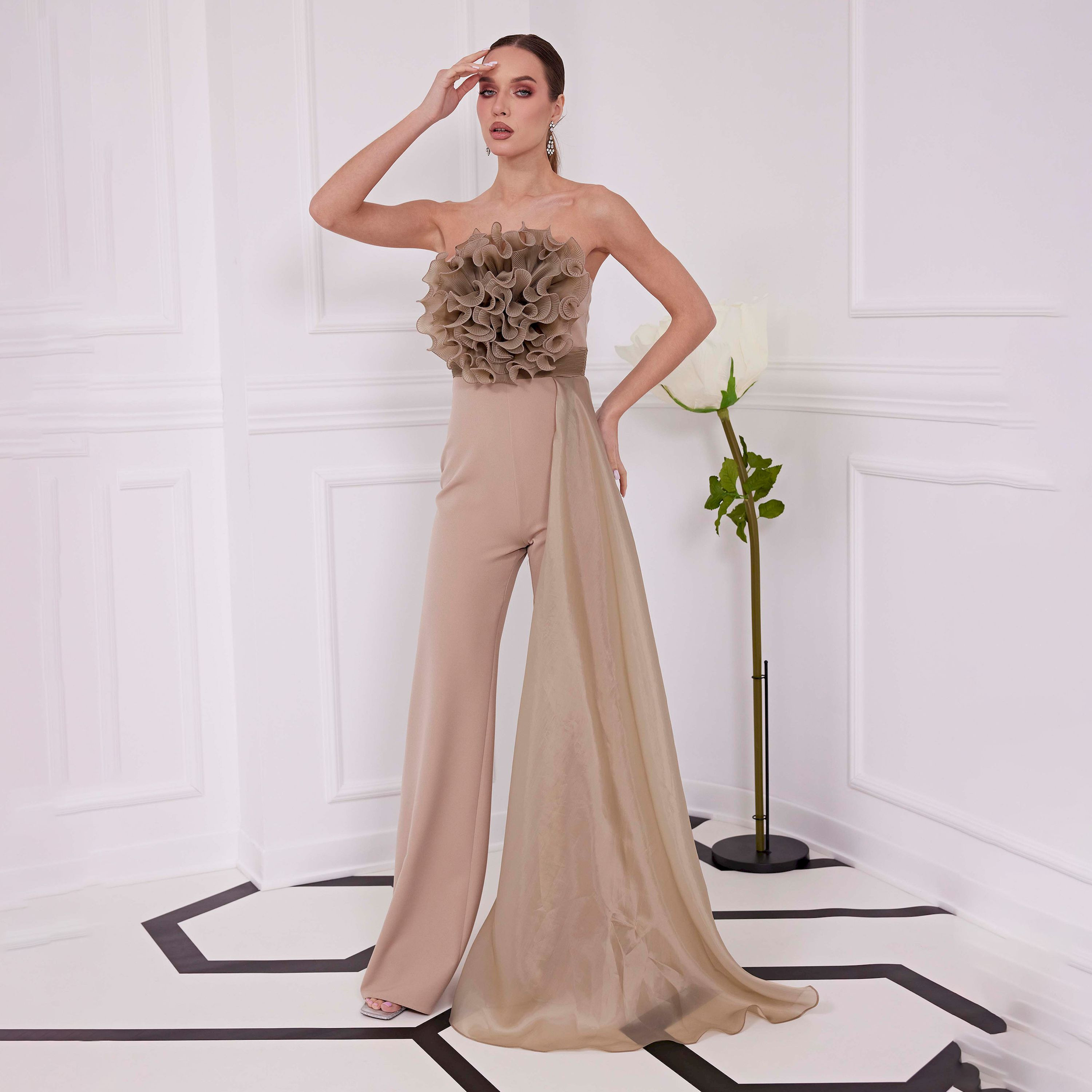 Ispilia Ruffle Strapless Bandeau Women's Jumpsuit-women-clothing-jumpsuits-image-1