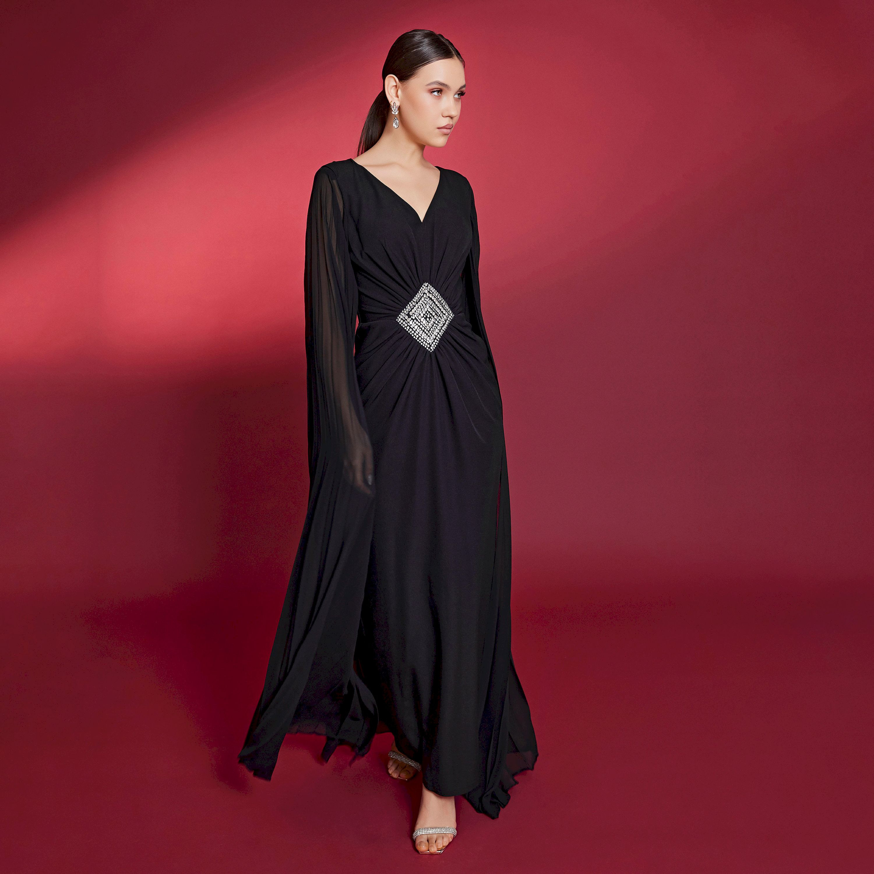 اسبيليا-  فستان للنساء ماكسي بفتحة رقبة على شكل حرف V  بوليستر مزخرف-women-clothing-dresses-image-1